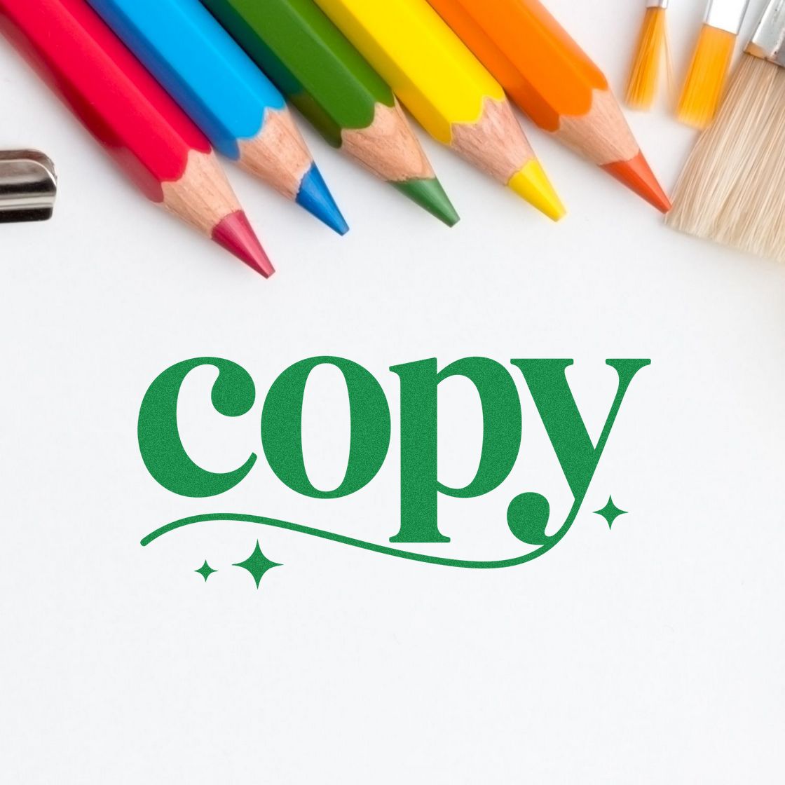 Green copy stamp graphic with colored pencils, ideal for office documents, crafting, and rubber stamp designs.