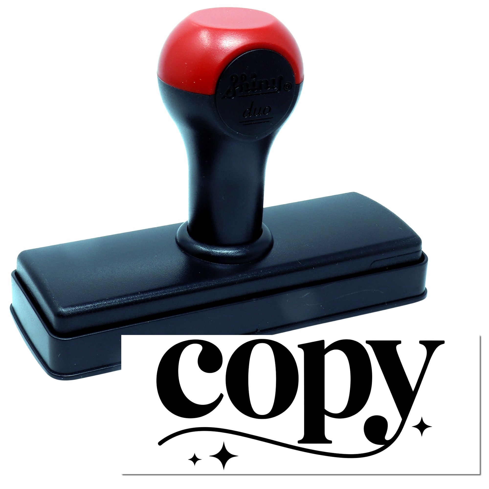 Self-inking rubber copy stamp with red handle, ideal for office document duplication marking.