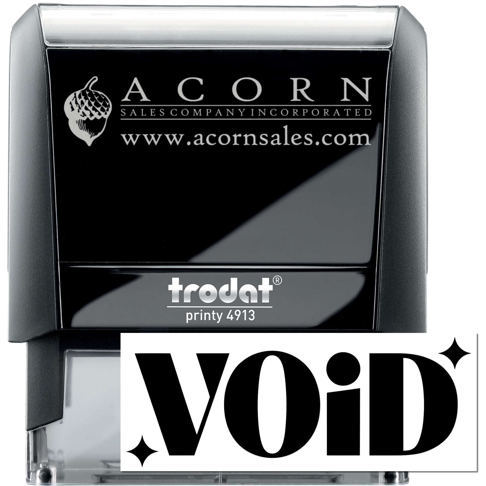 Custom Trodat Printy 4913 self-inking rubber stamp with Acorn Sales Company logo and website, shown with VOID imprint.