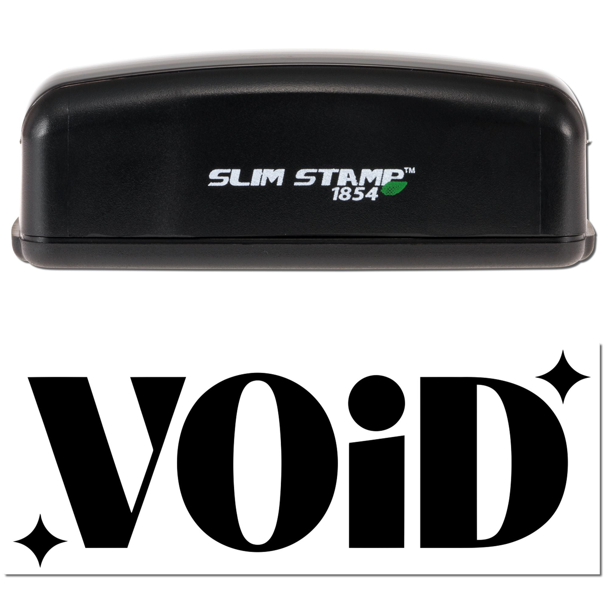 Slim Stamp 1854 self-inking rubber stamp creates bold VOID imprint for secure document marking.
