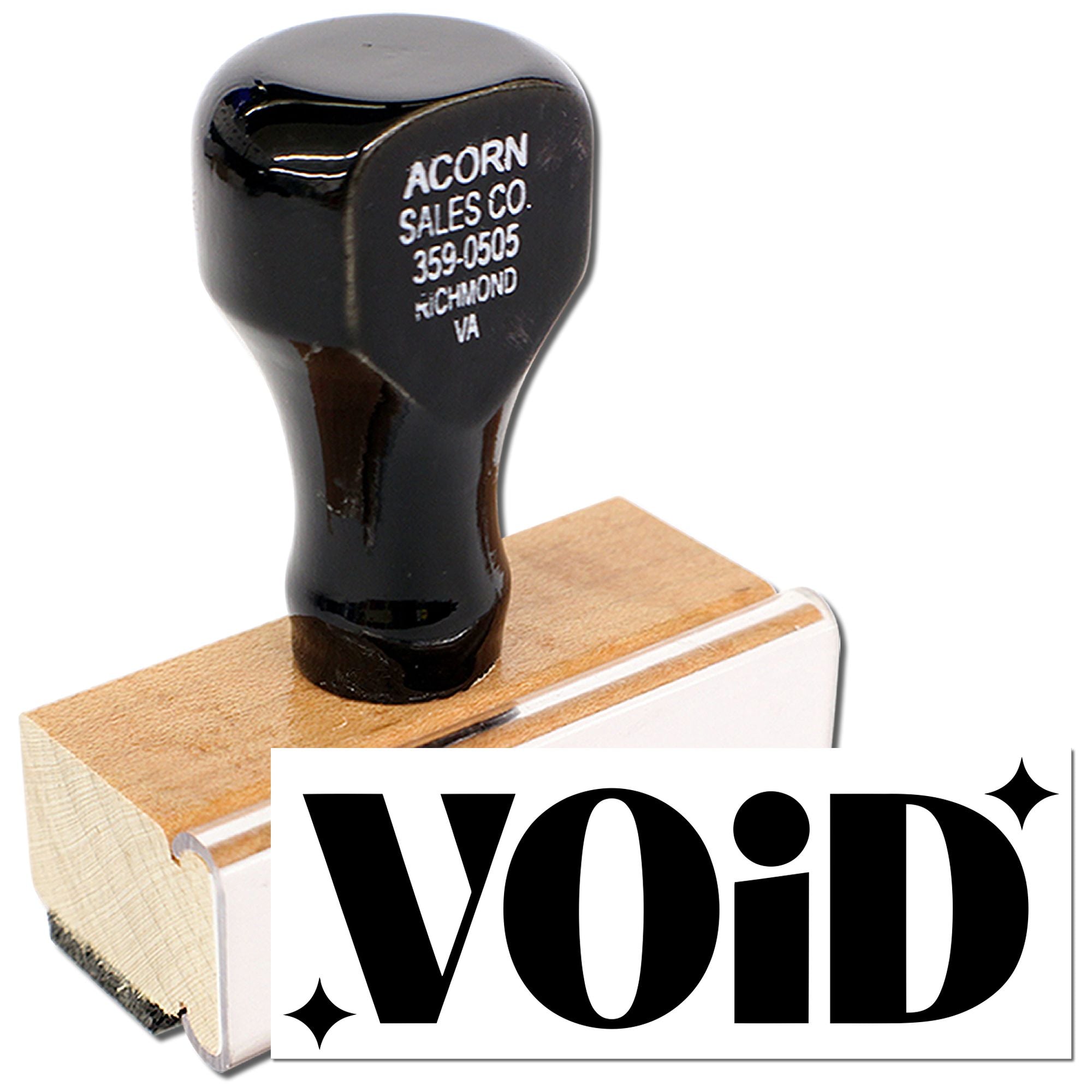 VOID rubber stamp with wooden handle for marking documents void, canceled, or invalid.
