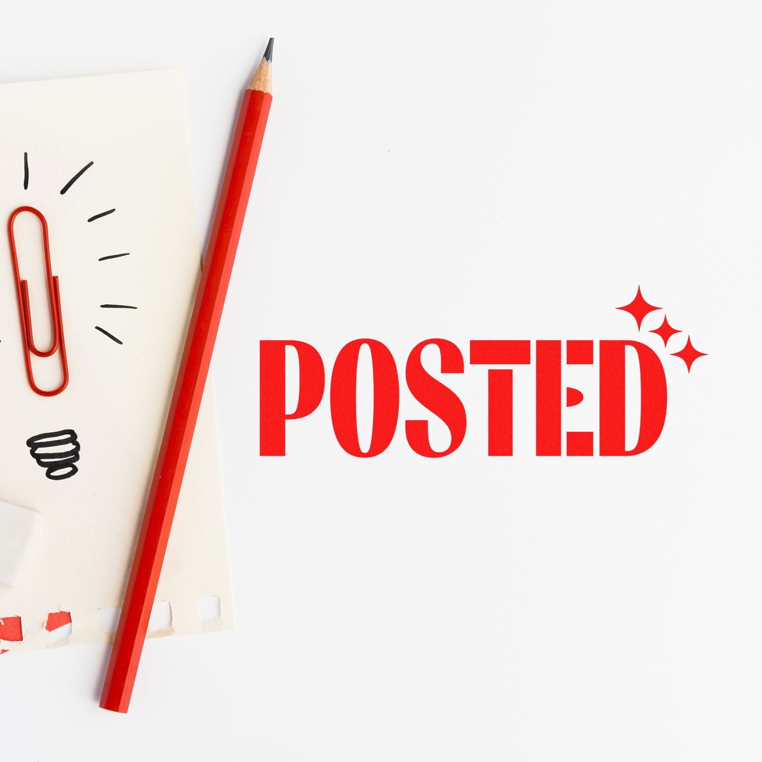 Red POSTED rubber stamp design with sparkles, pencil, and paper clip on notebook paper