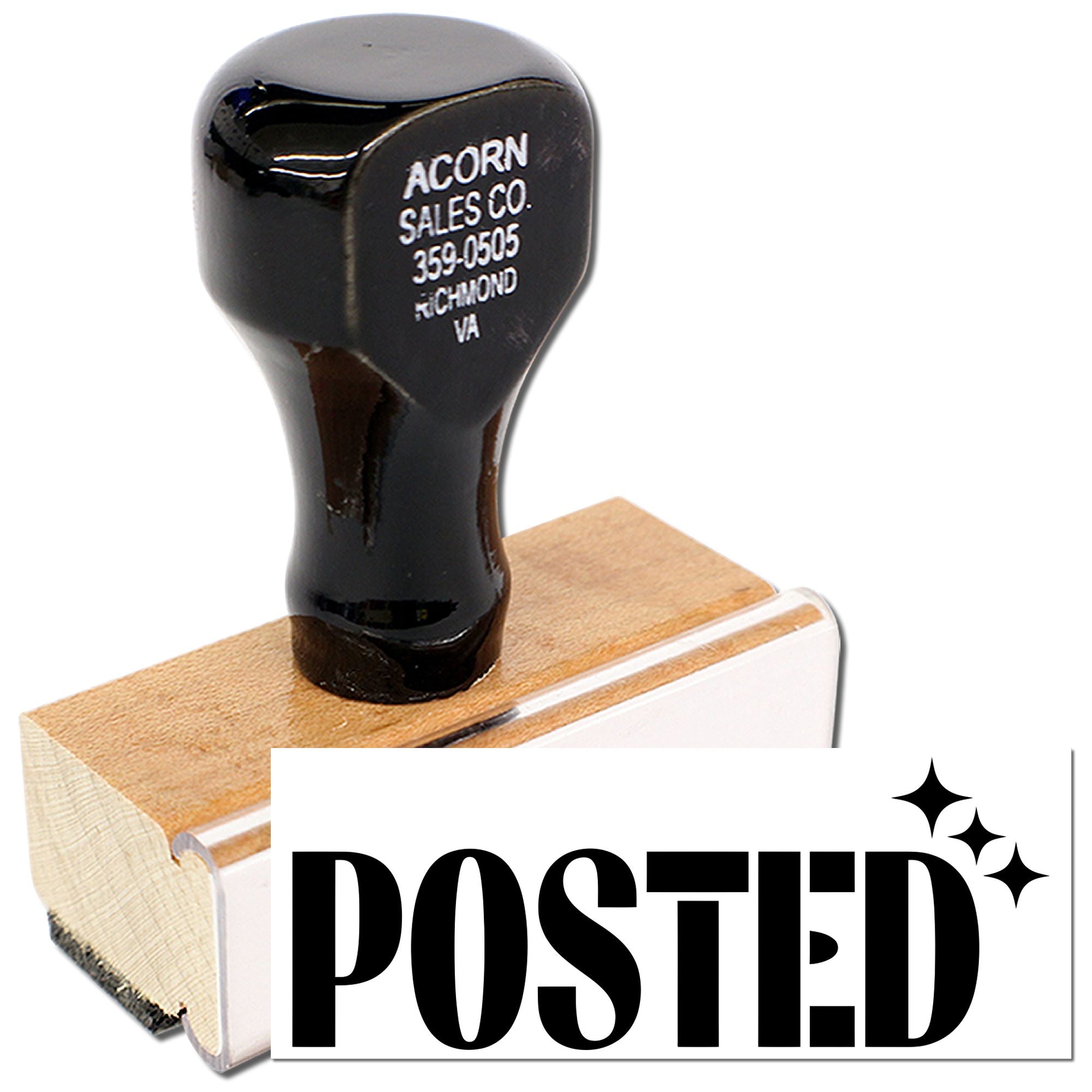 Posted rubber stamp with wooden handle for marking mail, invoices, and documents.