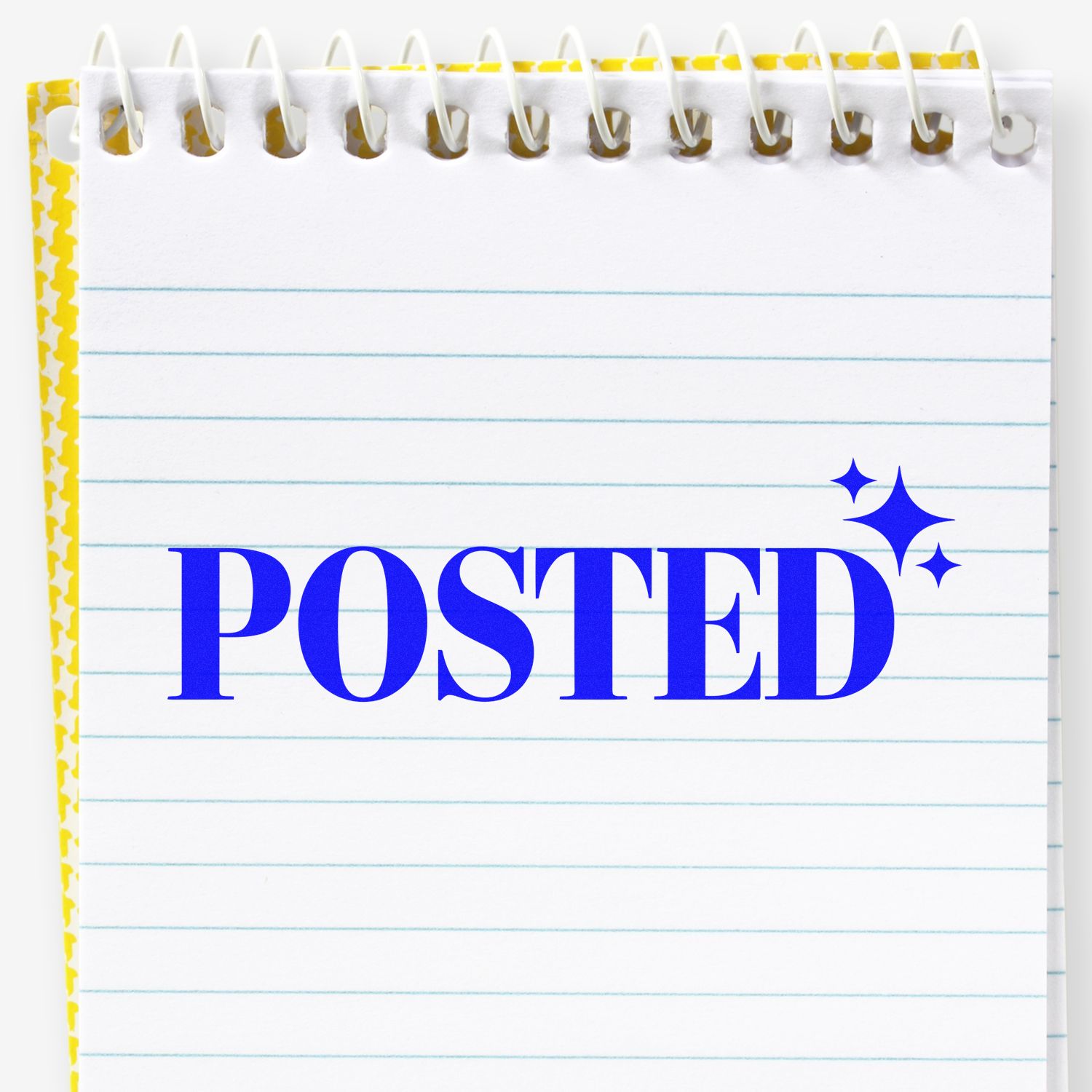 Blue POSTED rubber stamp on lined notepad, ideal for office mail handling, approvals, and shipping workflow.