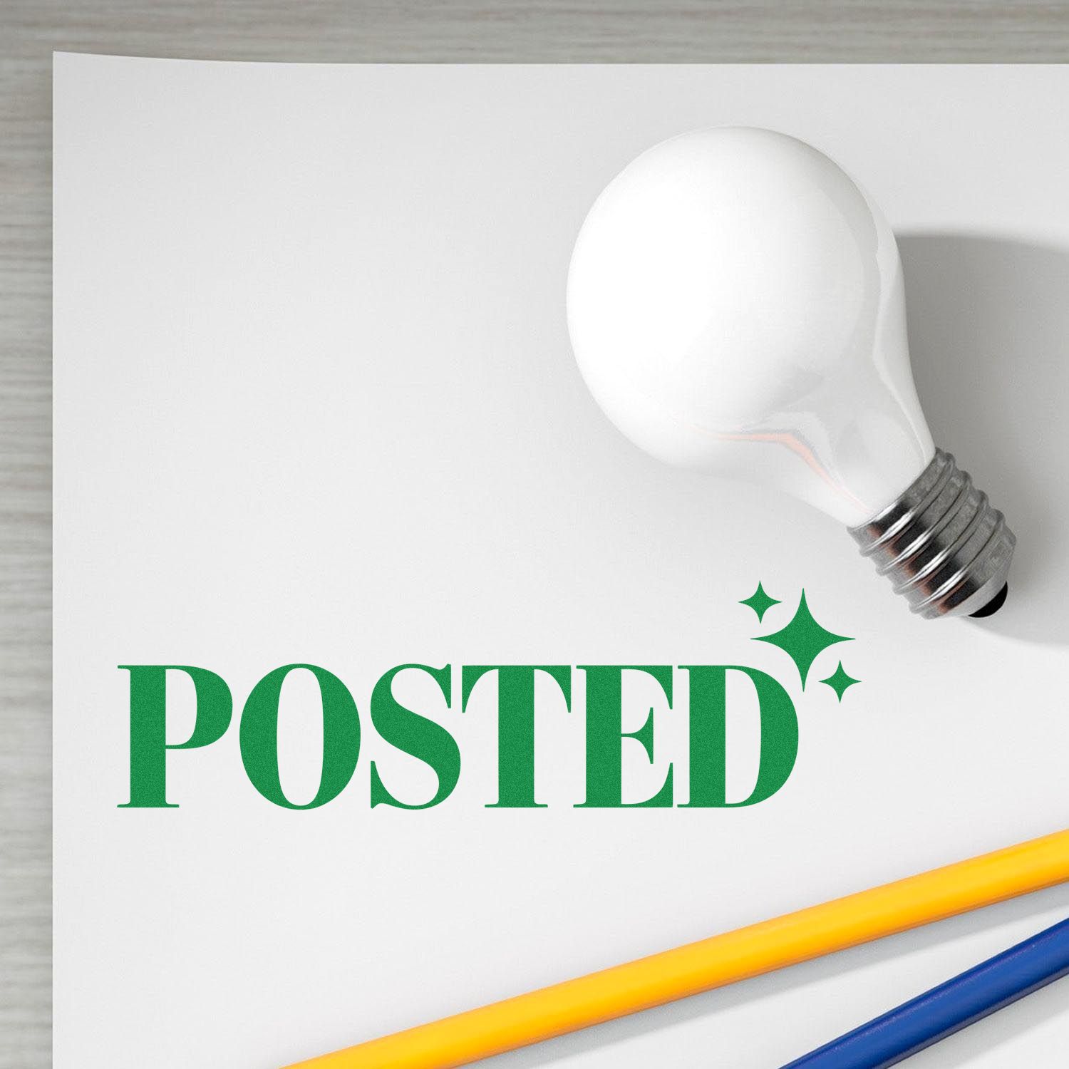 Green Posted rubber stamp design with lightbulb icon on paper, ideal for office mail, approval, and document marking.