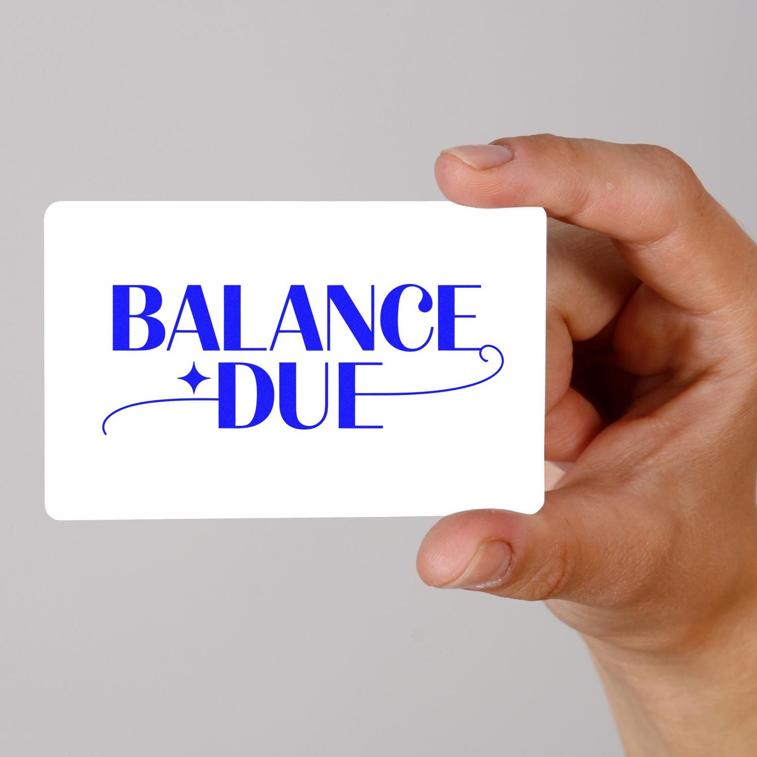 Balance Due rubber stamp design for invoices, billing, and overdue payment notices, shown in blue on a white card.