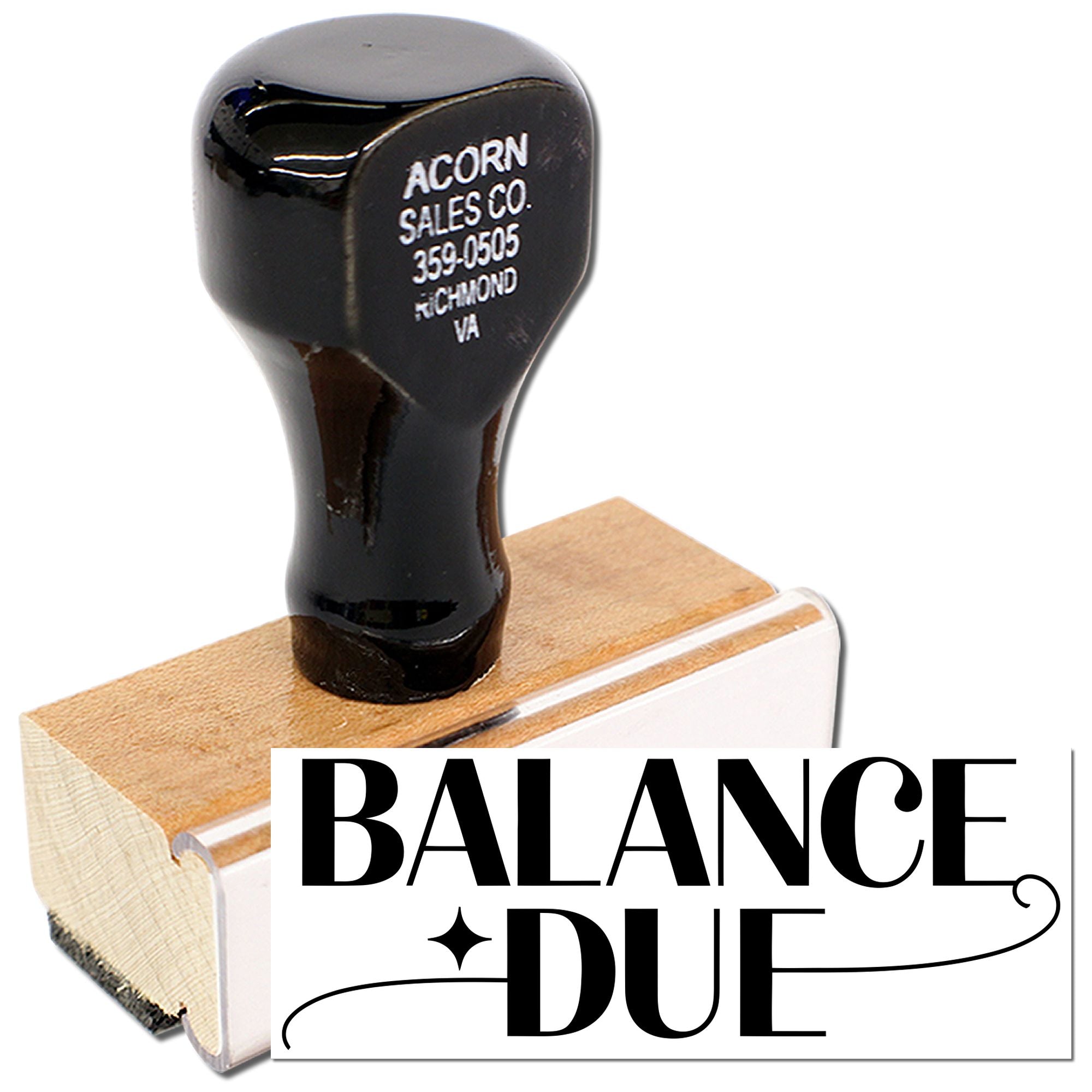 Balance Due rubber stamp for invoicing and accounts receivable, featuring a wooden handle and bold custom imprint.