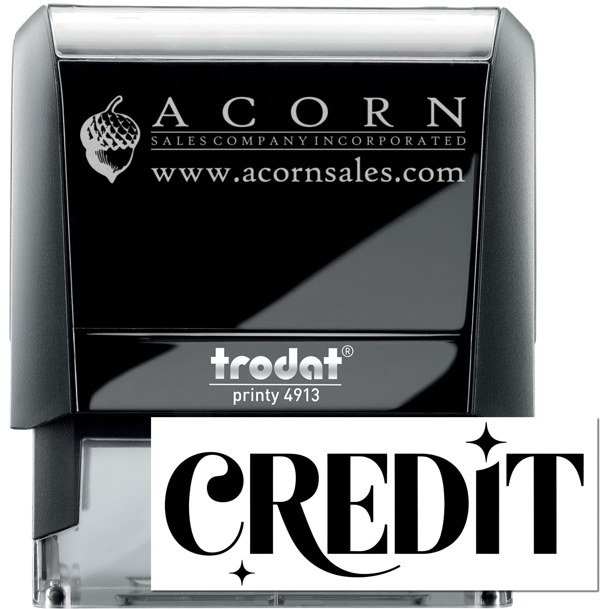 Custom Trodat Printy 4913 self-inking rubber stamp for Acorn Sales Company logo and website imprint.