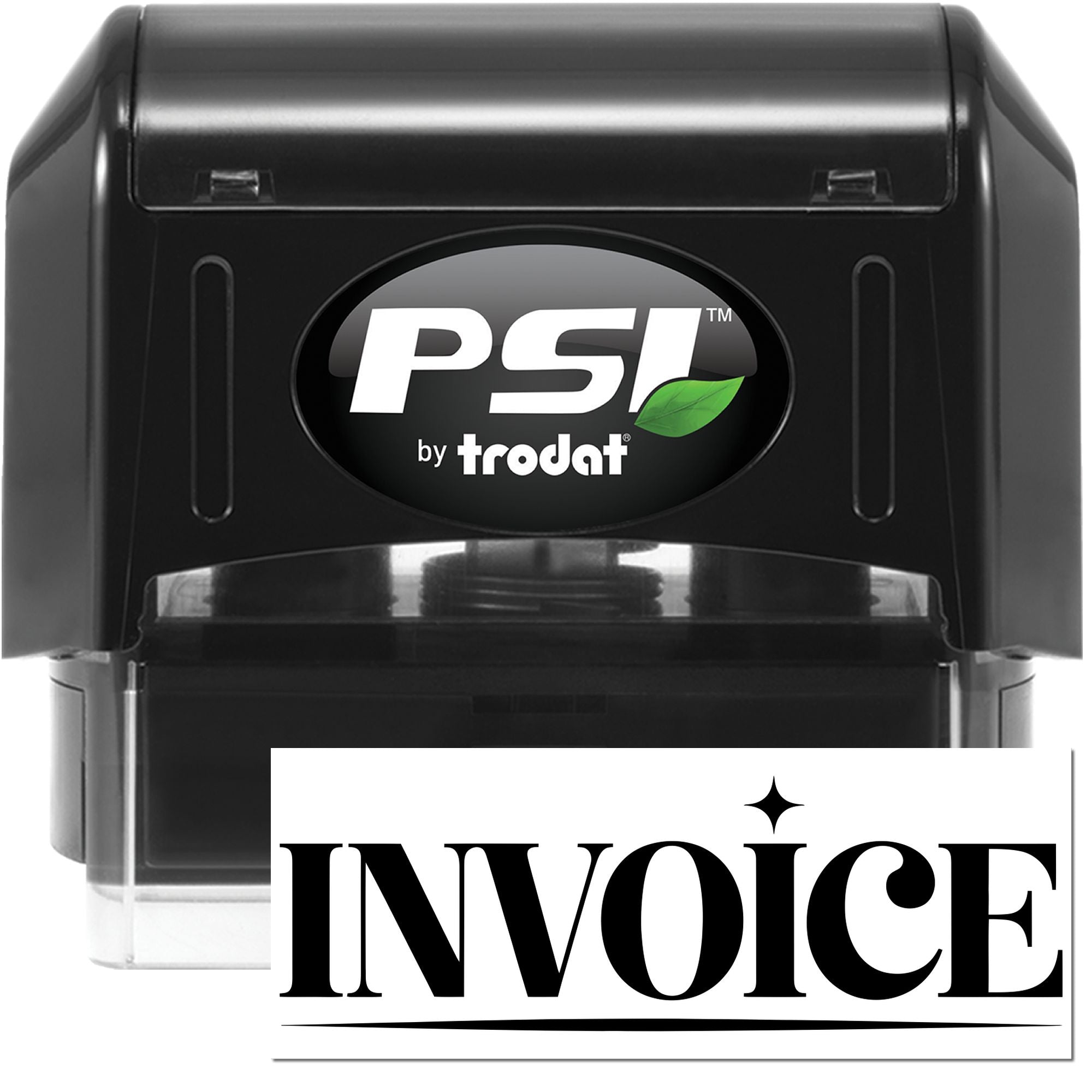 PSI by Trodat self-inking rubber stamp for invoice processing with bold INVOICE imprint.