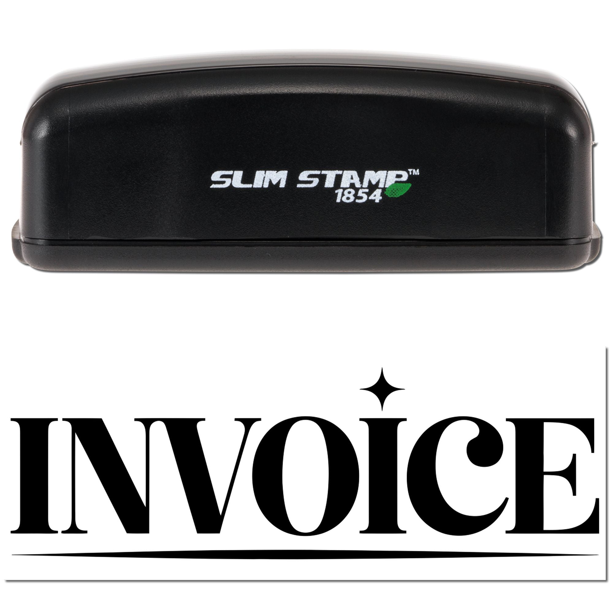 Slim Stamp 1854 self-inking rubber stamp with custom invoice imprint for business document marking.