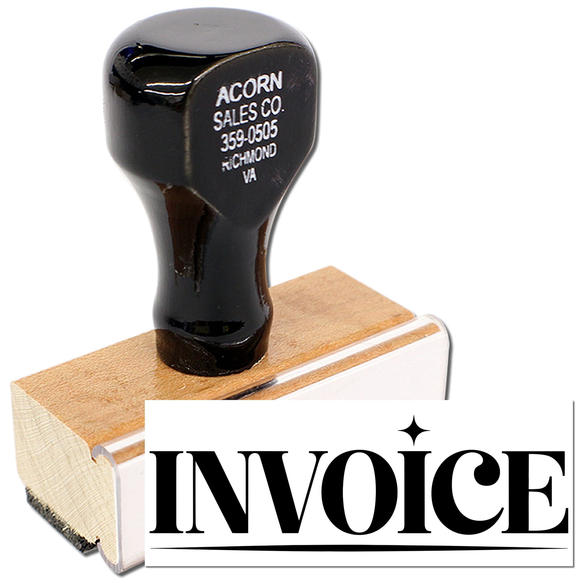 Custom invoice rubber stamp for business billing, featuring company name and address for quick document marking