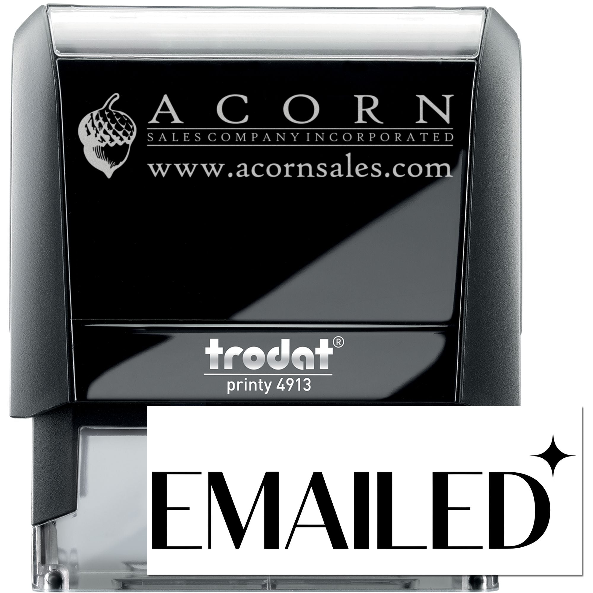 Custom self-inking rubber stamp for business use, featuring Acorn Sales logo, website, and EMAILED imprint.