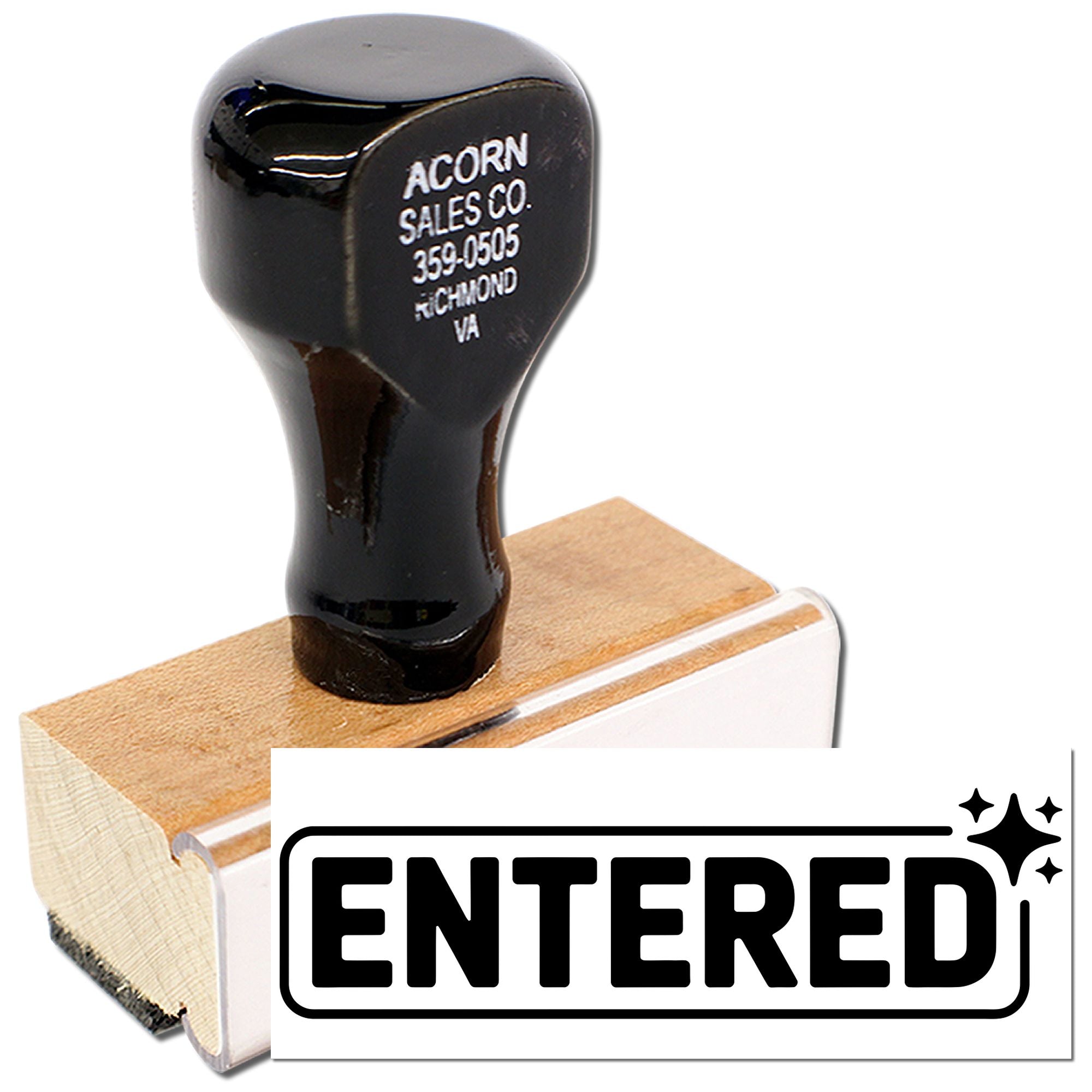 Custom ENTERED rubber stamp for office document processing and business record marking.