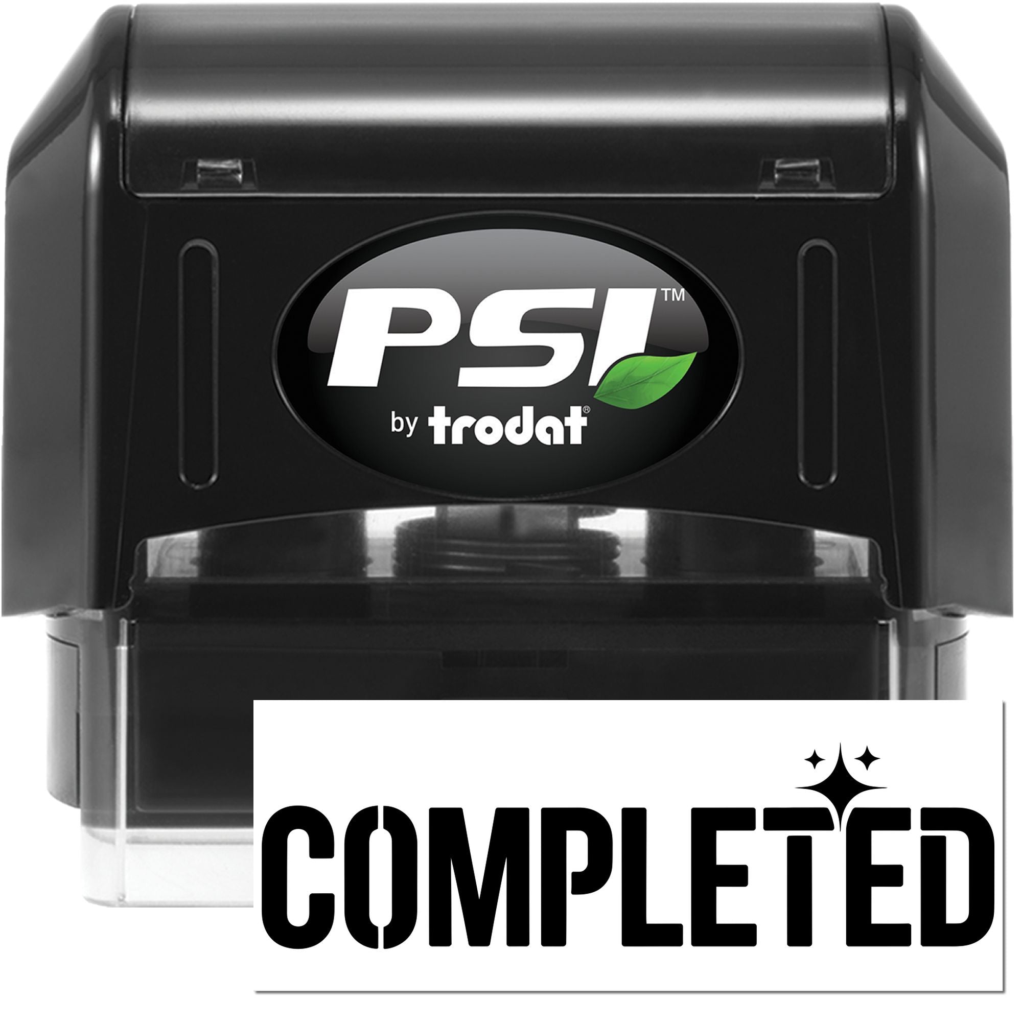 PSI by Trodat self-inking rubber stamp with COMPLETED impression for office paperwork and document processing.