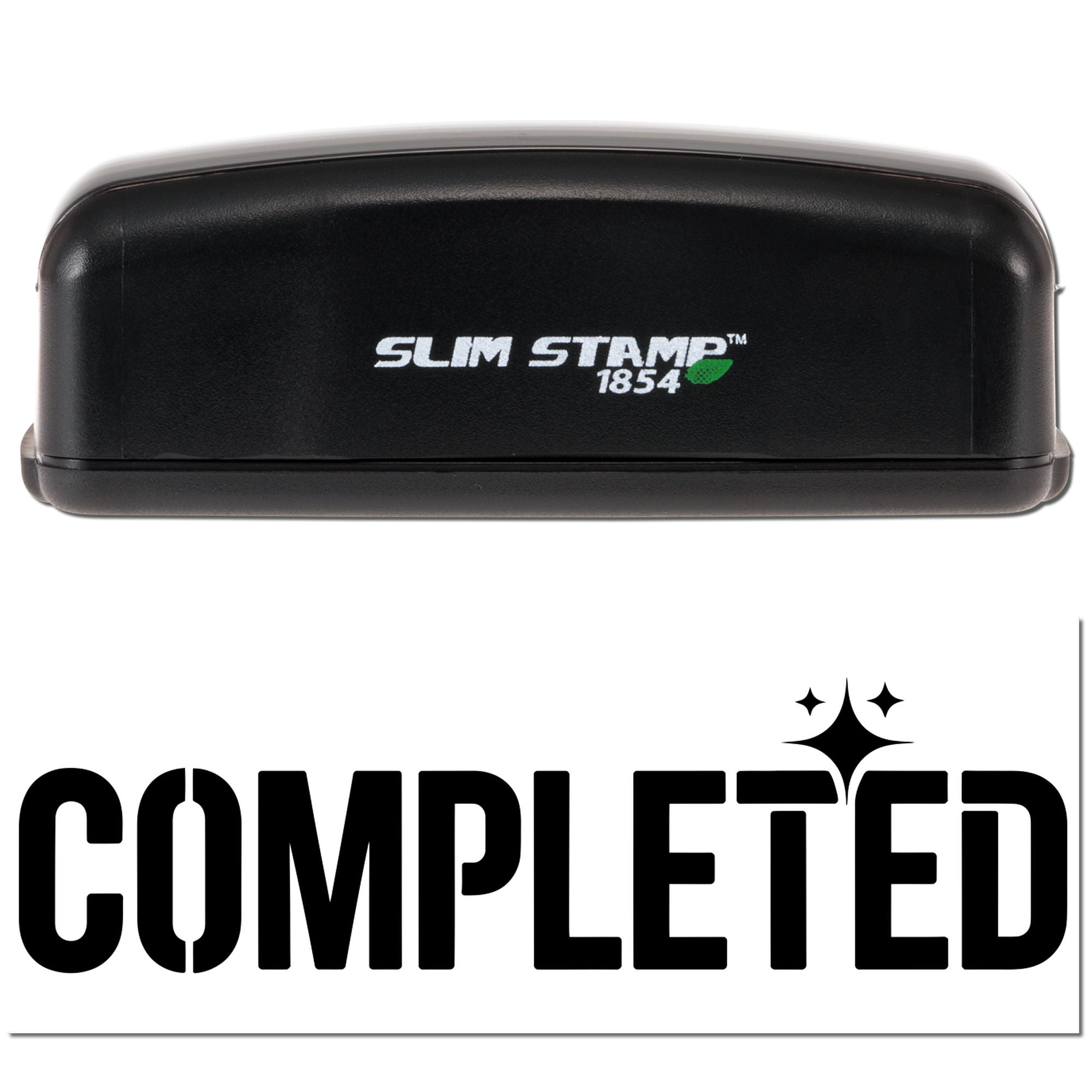Slim Stamp 1854 self-inking rubber stamp with COMPLETED impression for marking documents as finished.