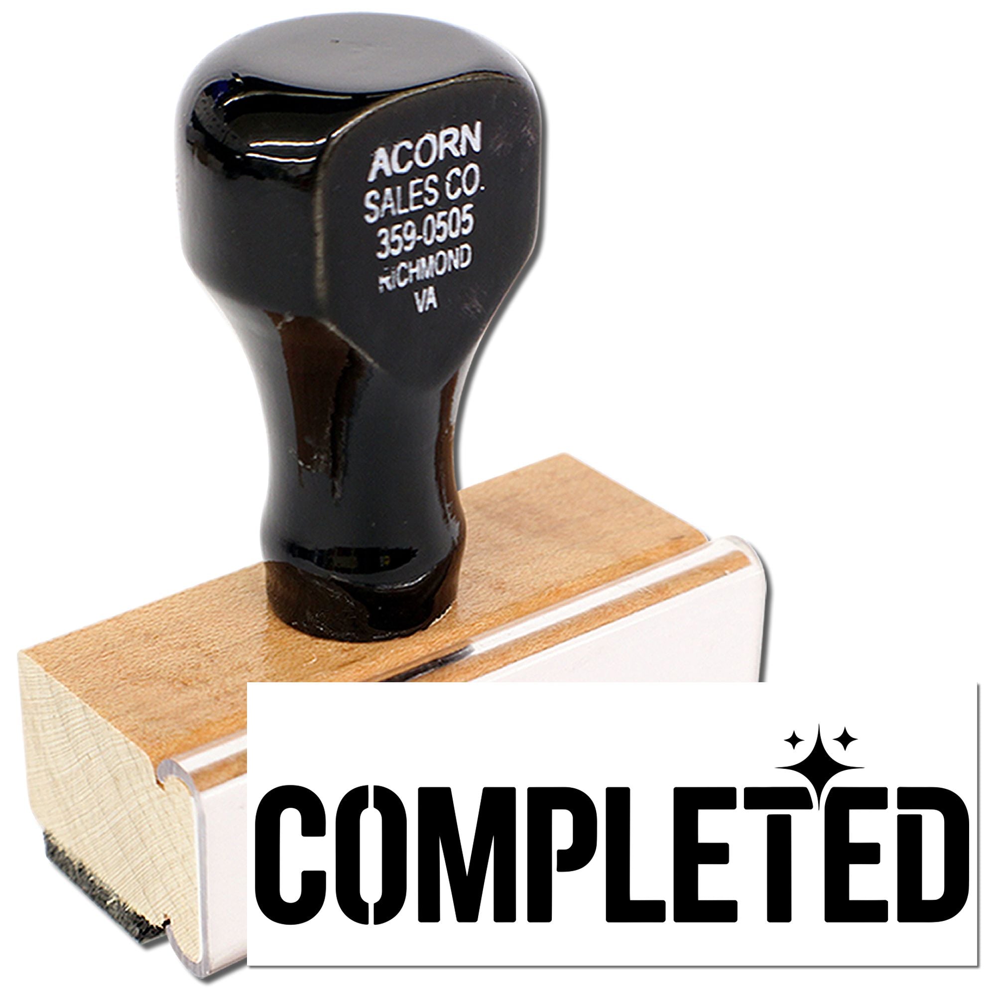 Completed rubber stamp with wooden handle for office paperwork, approvals, and document marking.