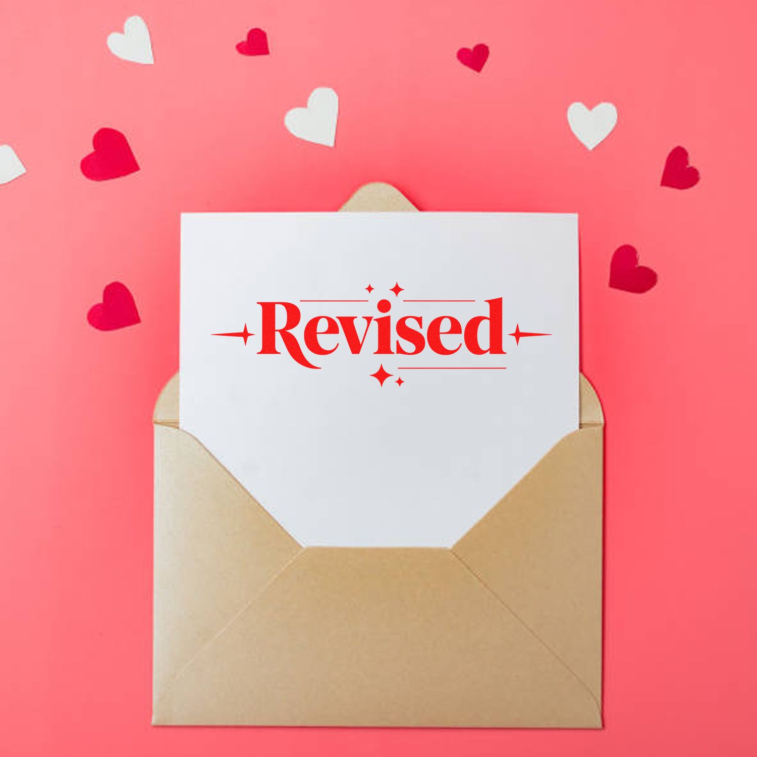 Revised rubber stamp on envelope with heart confetti for custom office mail, document review, and approval.