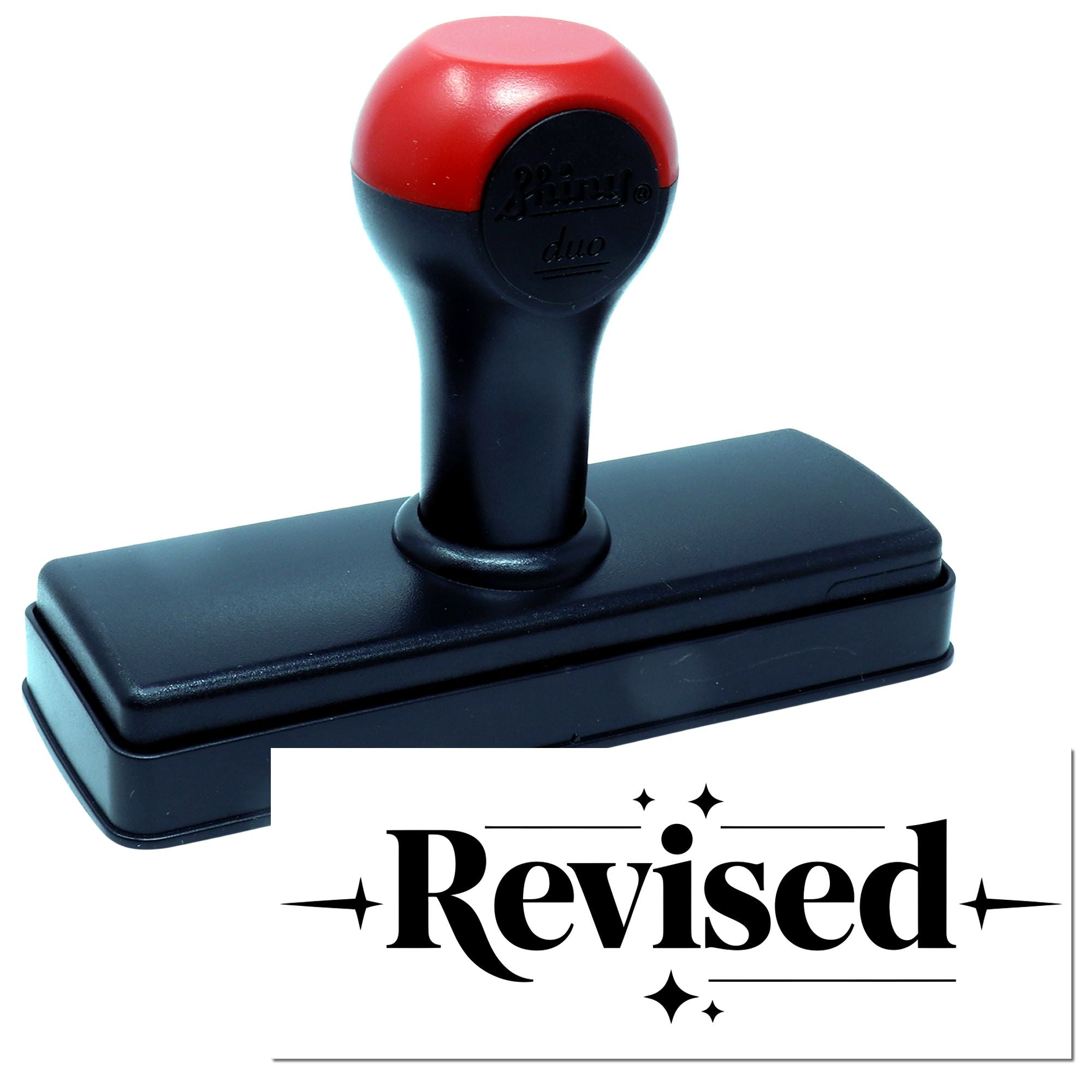 Revised self-inking rubber stamp for document review and office paperwork approval.