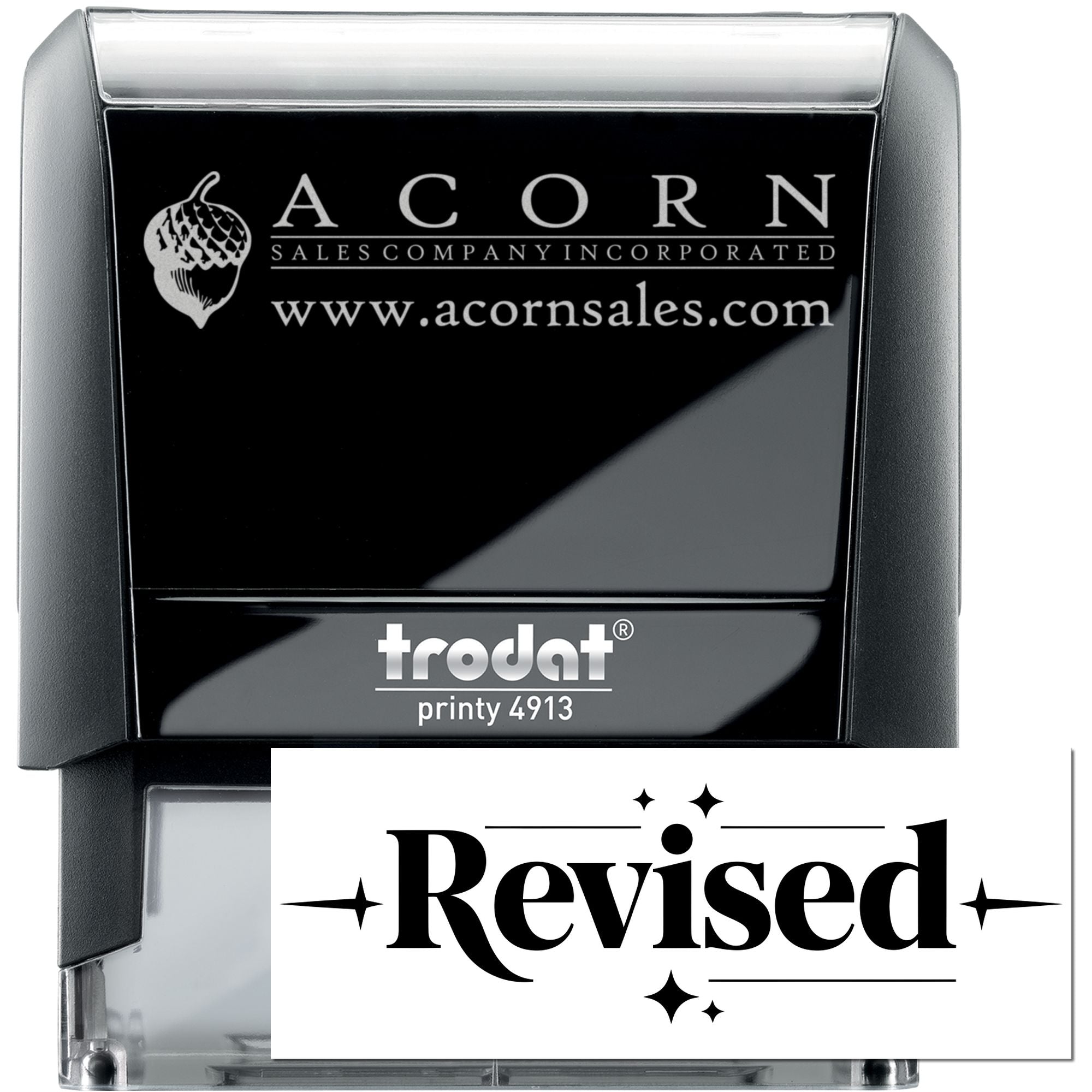 Custom Trodat Printy 4913 self-inking rubber stamp with Revised imprint and Acorn Sales Company logo for office documents