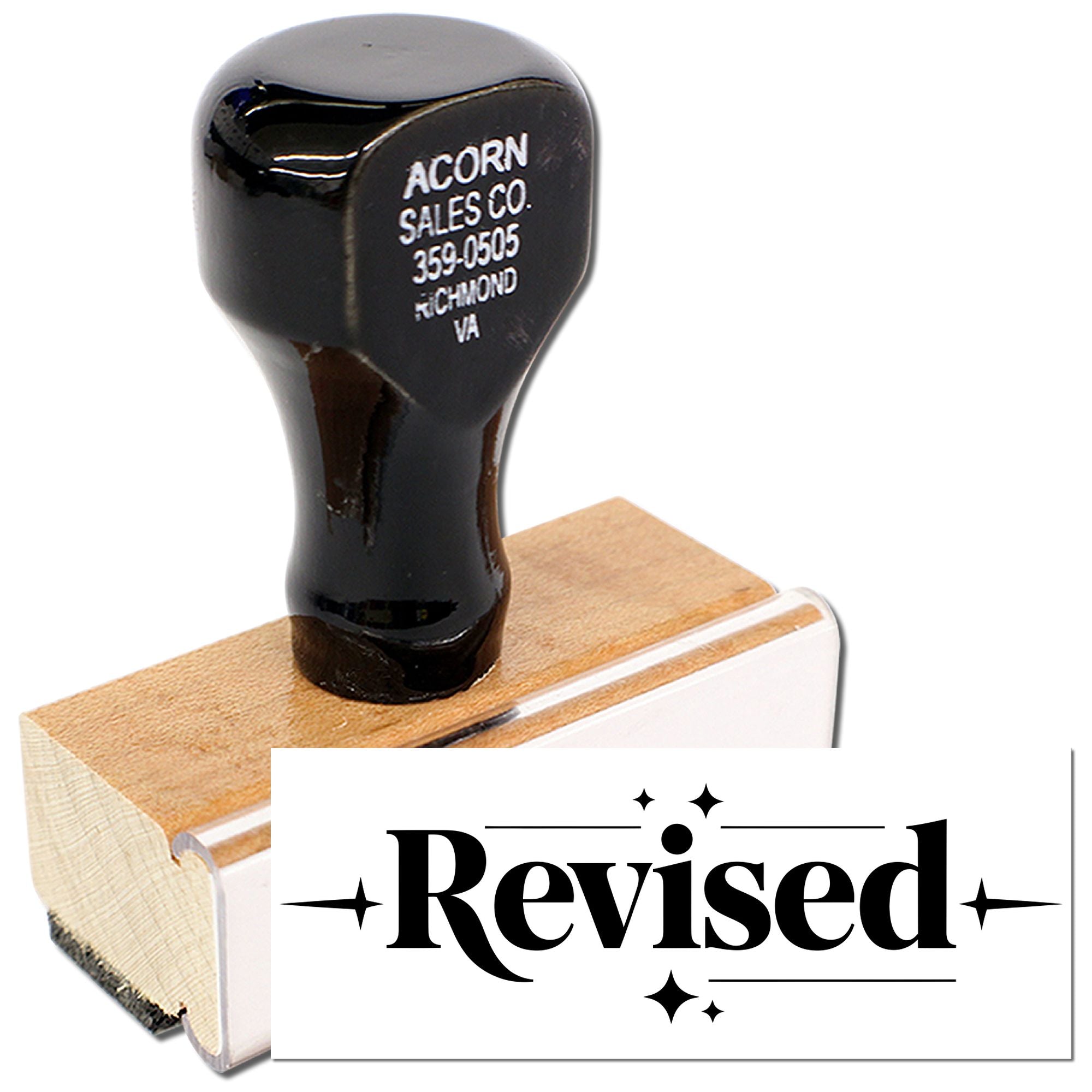 Revised rubber stamp for office documents, custom wooden handle stamp for marking edited or approved changes.