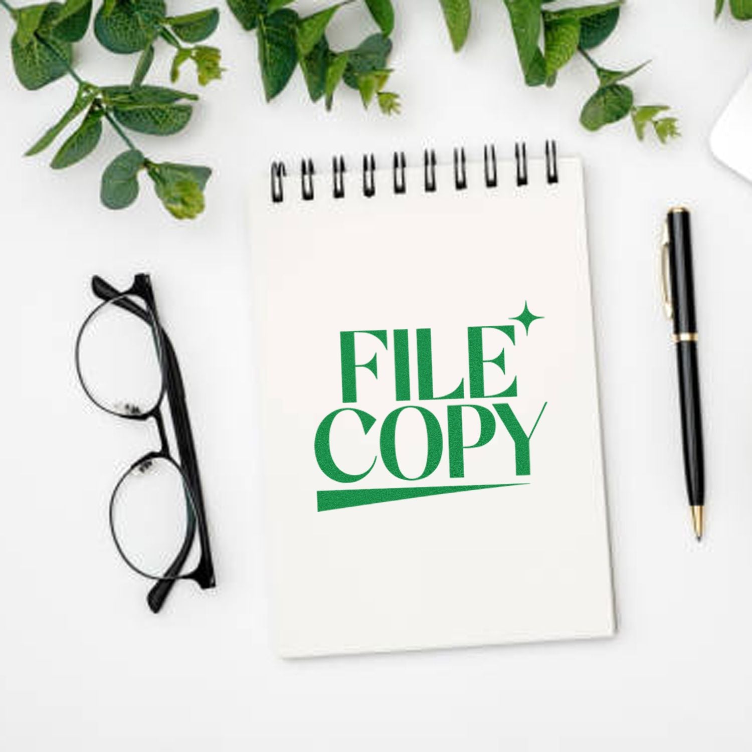 File Copy rubber stamp mockup on notebook for office document labeling and recordkeeping.