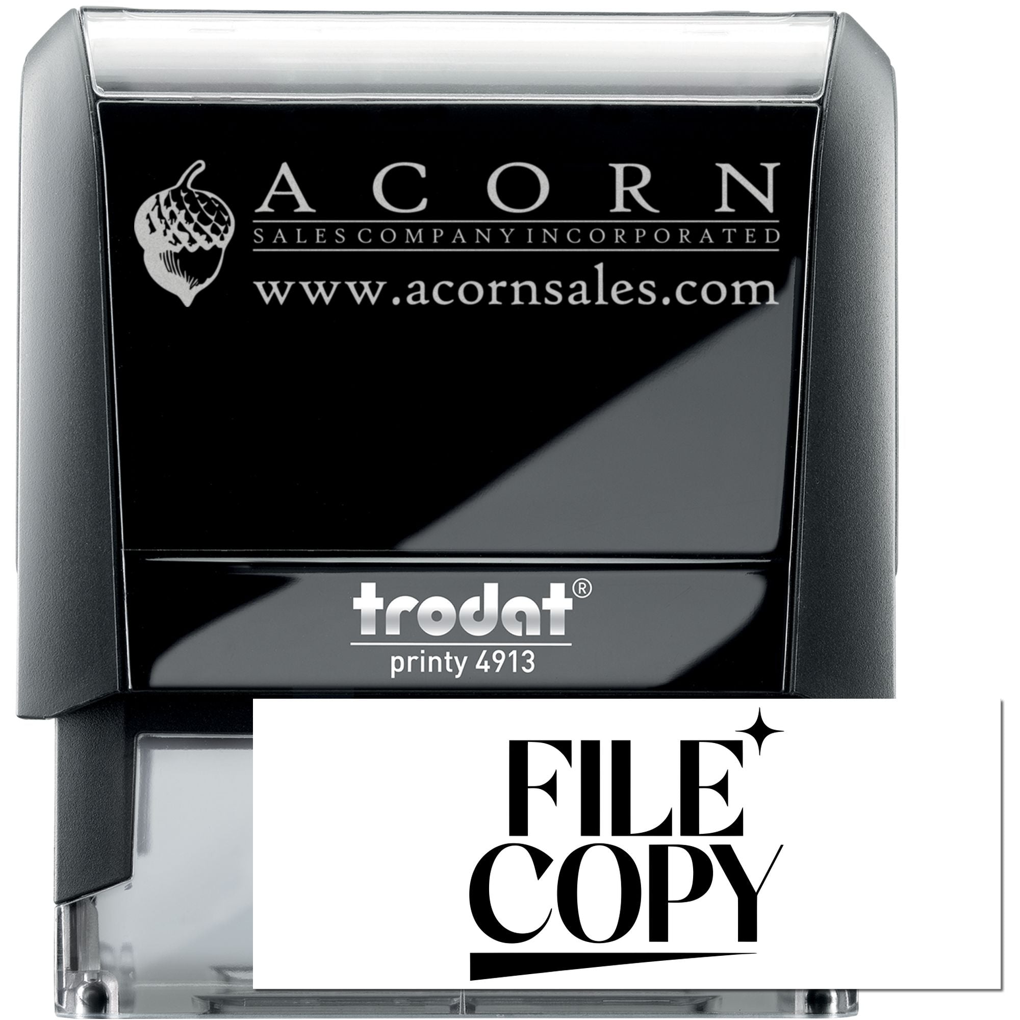 Custom Trodat Printy 4913 self-inking rubber stamp with Acorn Sales logo and File Copy design for office documents.