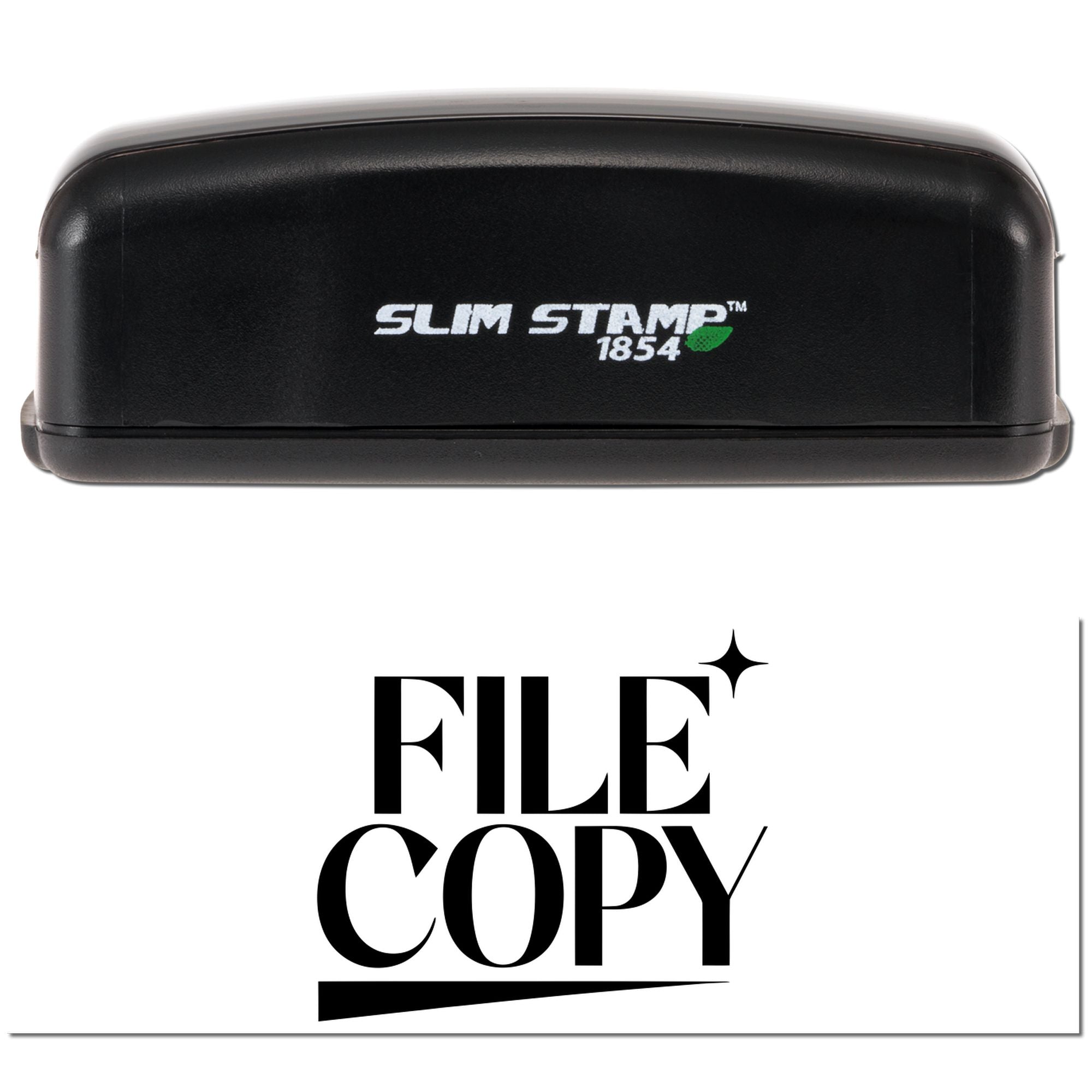 Slim Stamp 1854 self-inking rubber stamp with FILE COPY imprint for office document labeling.