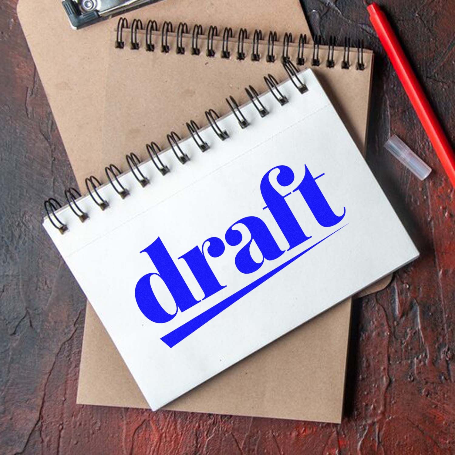 Blue draft rubber stamp impression on a spiral notebook for marking documents and notes as draft.