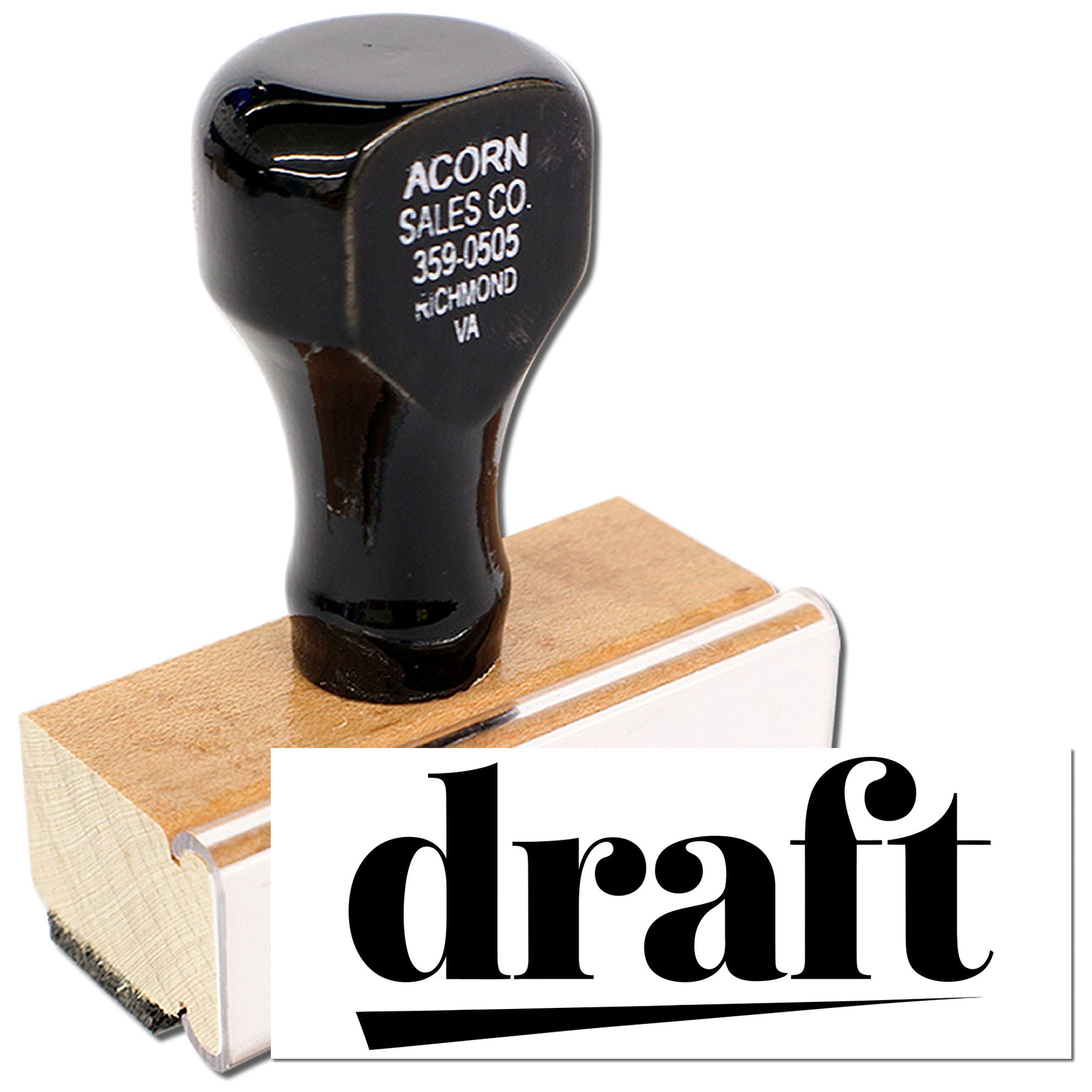 Draft rubber stamp with wooden mount for marking documents as draft.