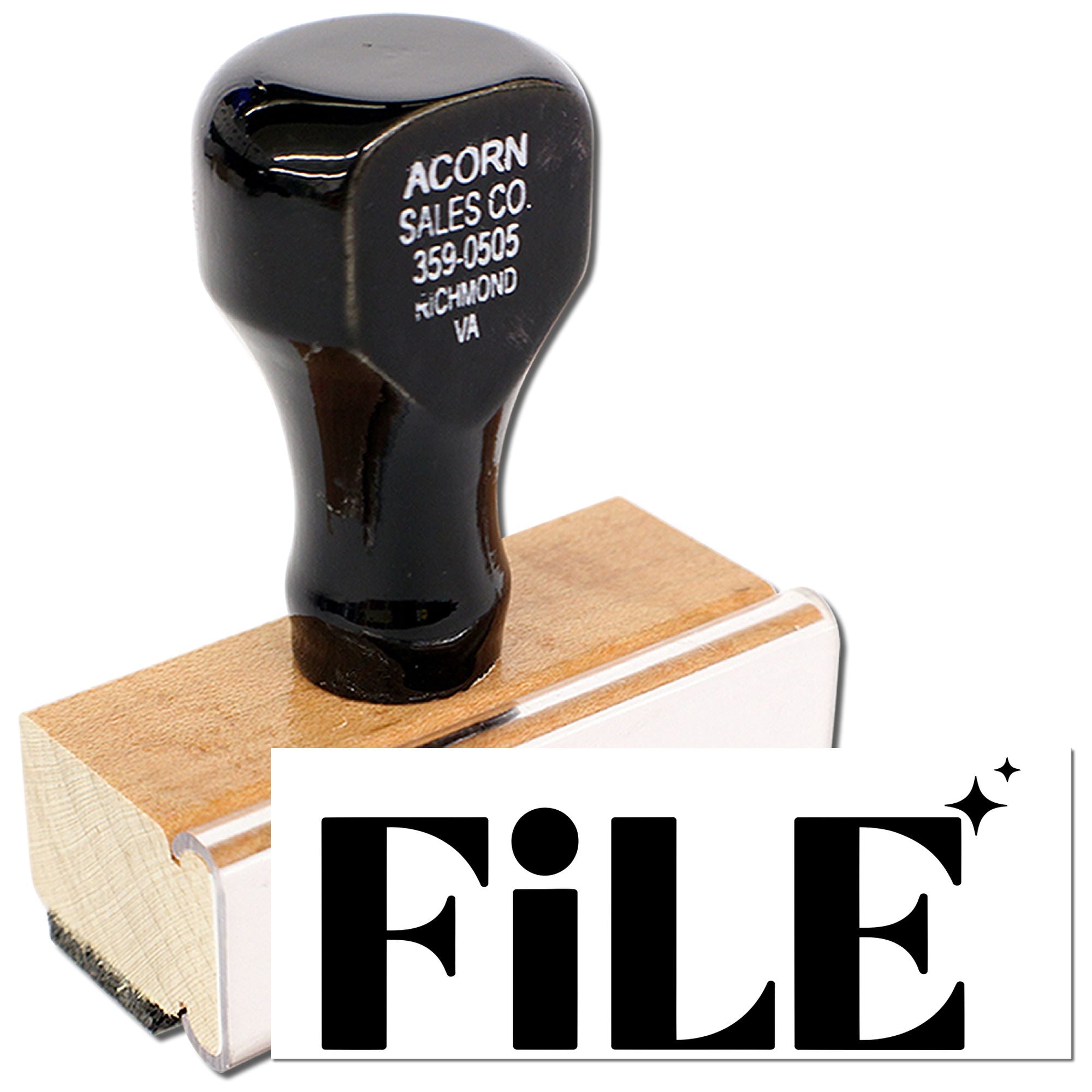 Custom rubber file stamp with wooden handle for office document organization and records marking.