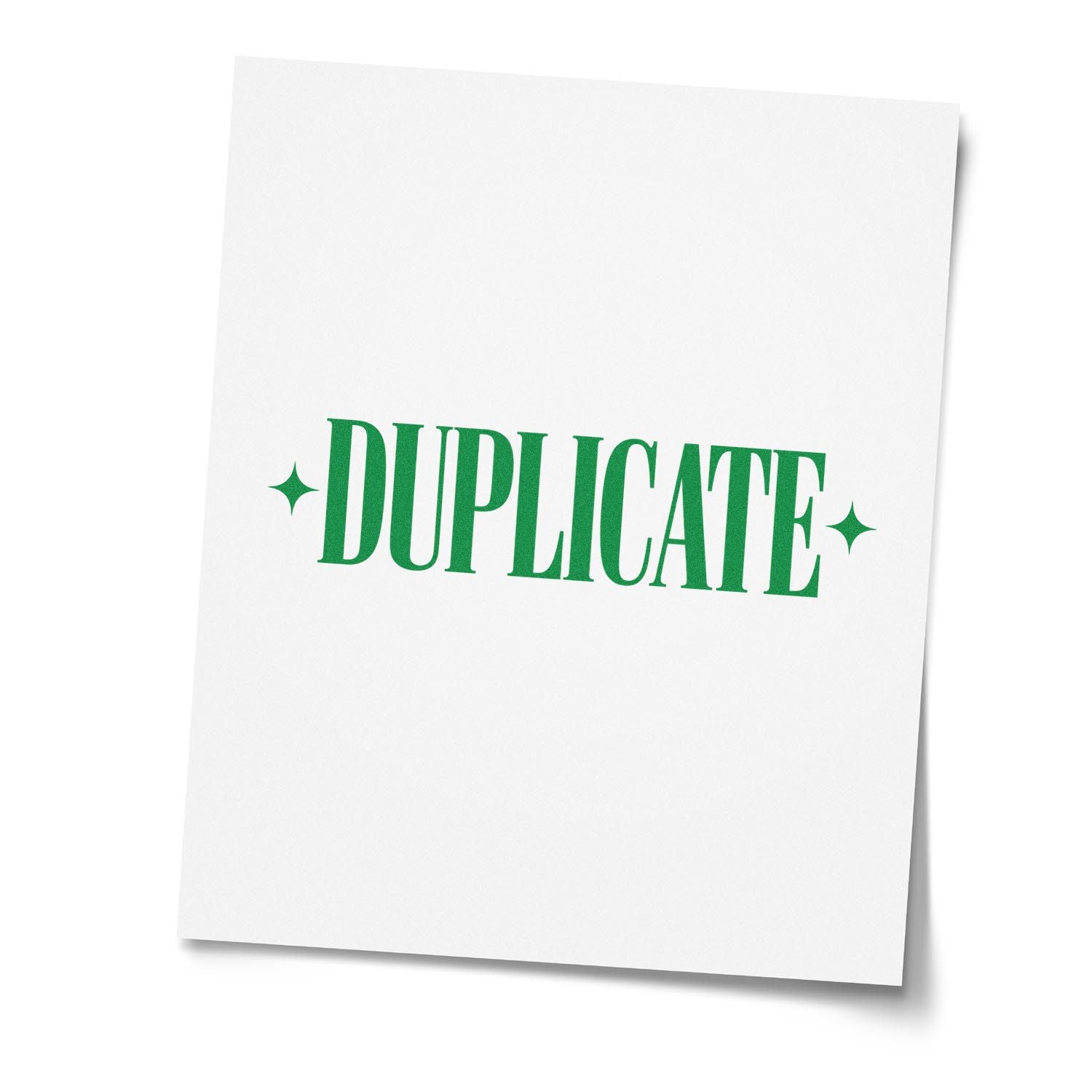 Green DUPLICATE rubber stamp imprint on white paper for office document marking, copying, and filing.