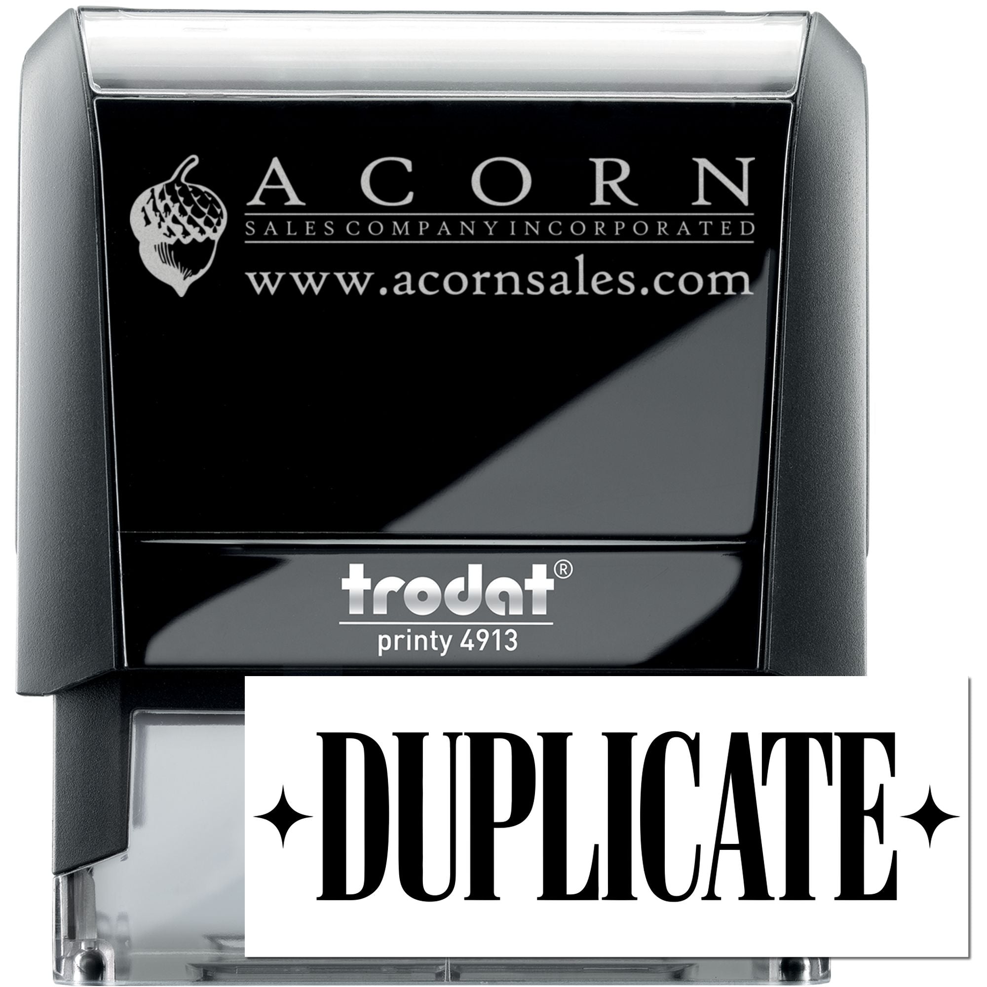 Custom Trodat Printy 4913 self-inking rubber stamp with Acorn Sales Company logo and DUPLICATE marking