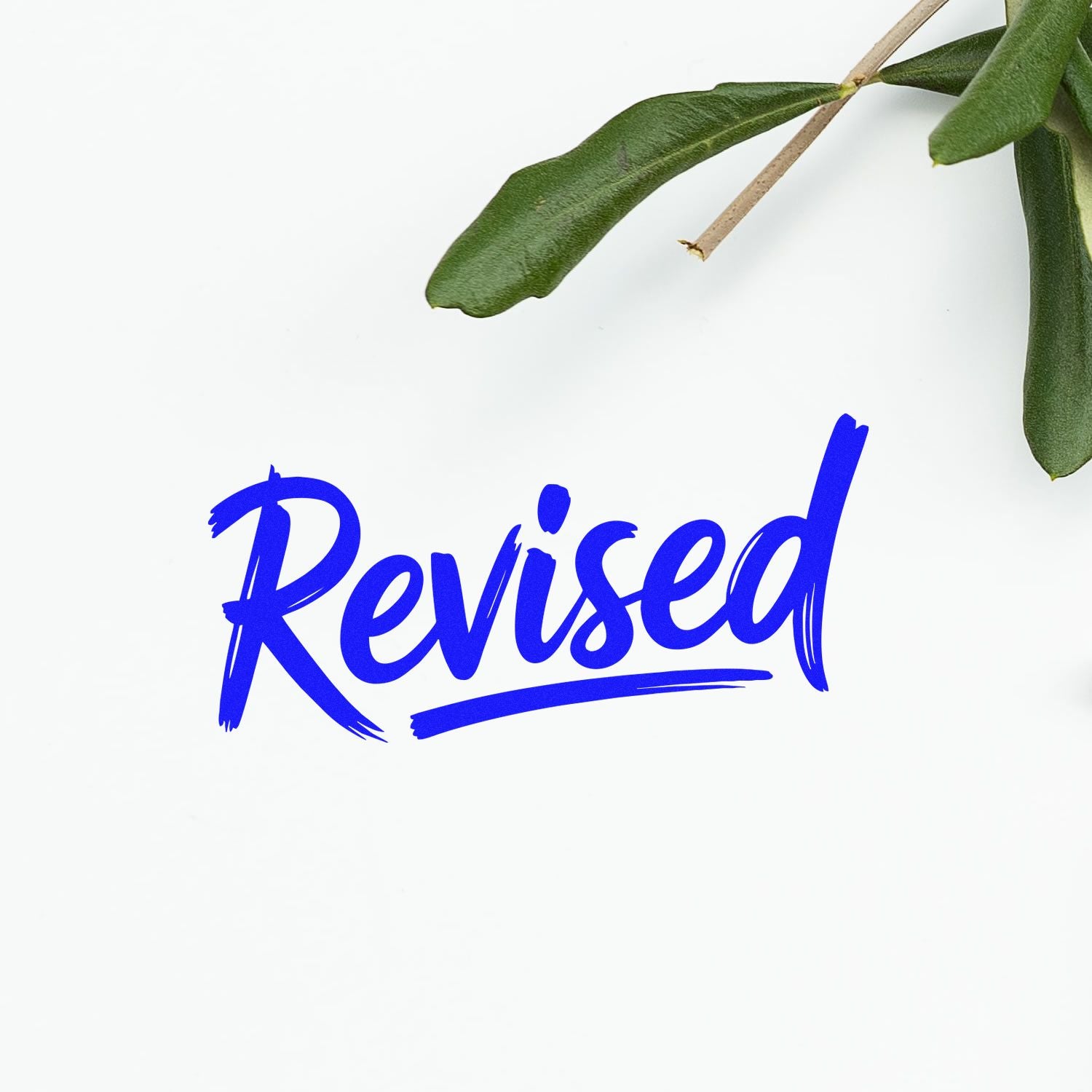 Blue Revised rubber stamp graphic with handwritten script and underline, ideal for document approval and record updates.