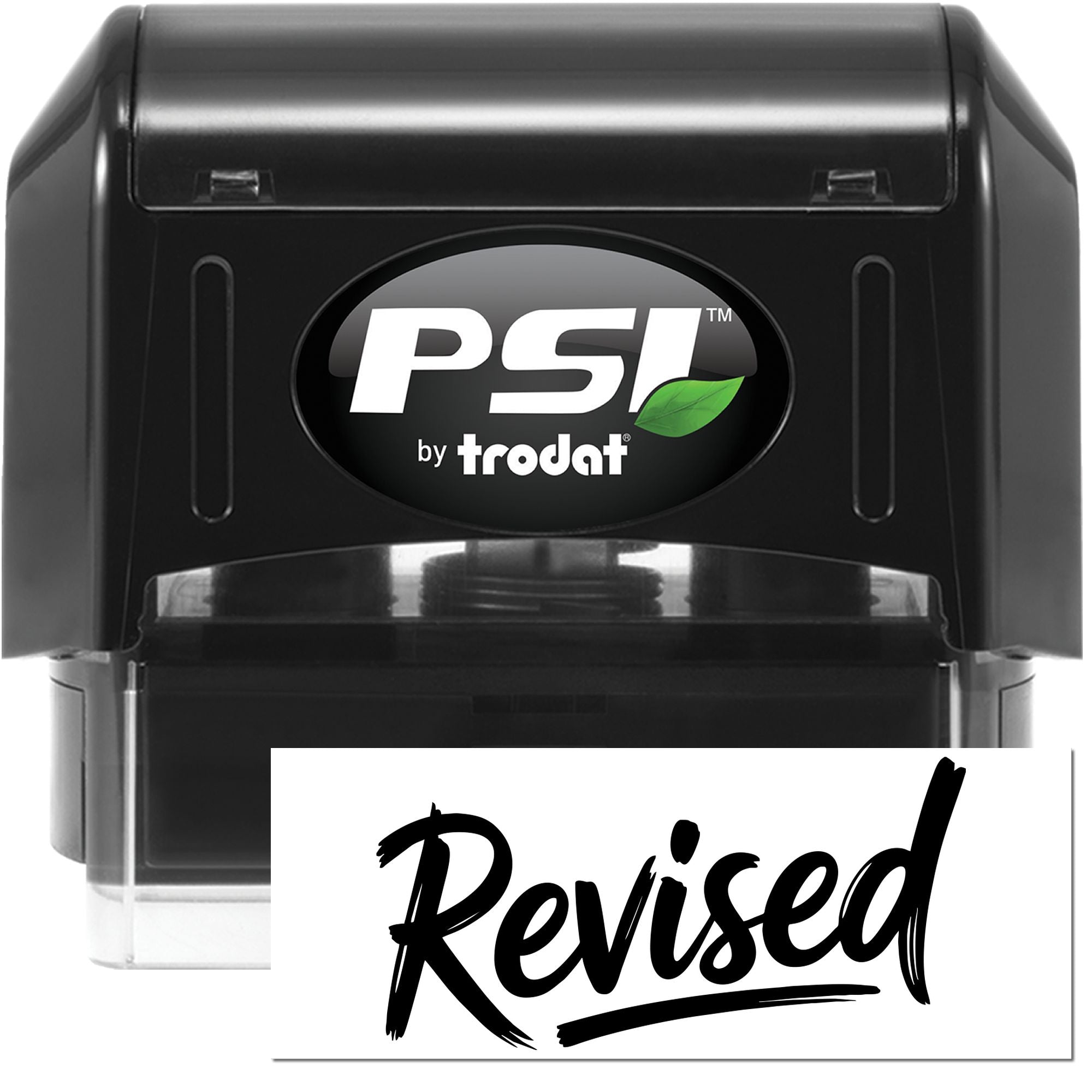 PSI by Trodat self-inking rubber stamp with Revised imprint for office document marking and review processing