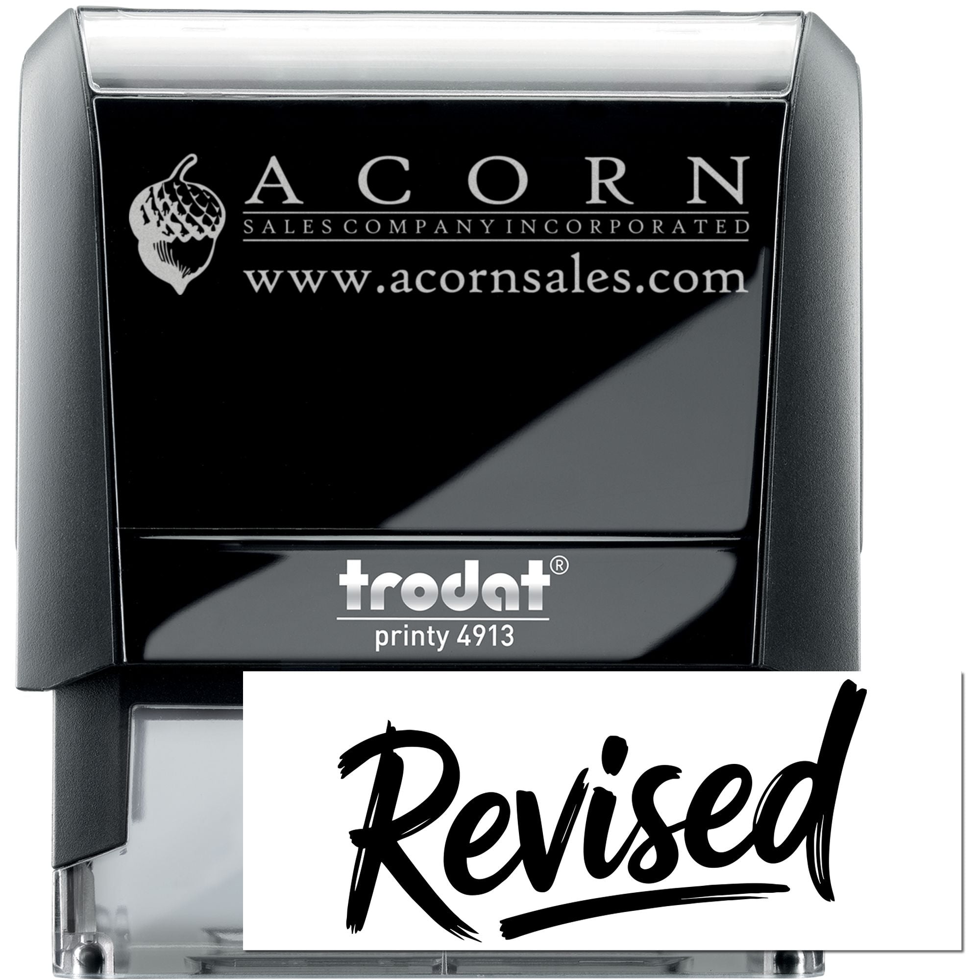 Custom Trodat Printy 4913 self-inking rubber stamp with Acorn Sales Company logo, website, and Revised imprint