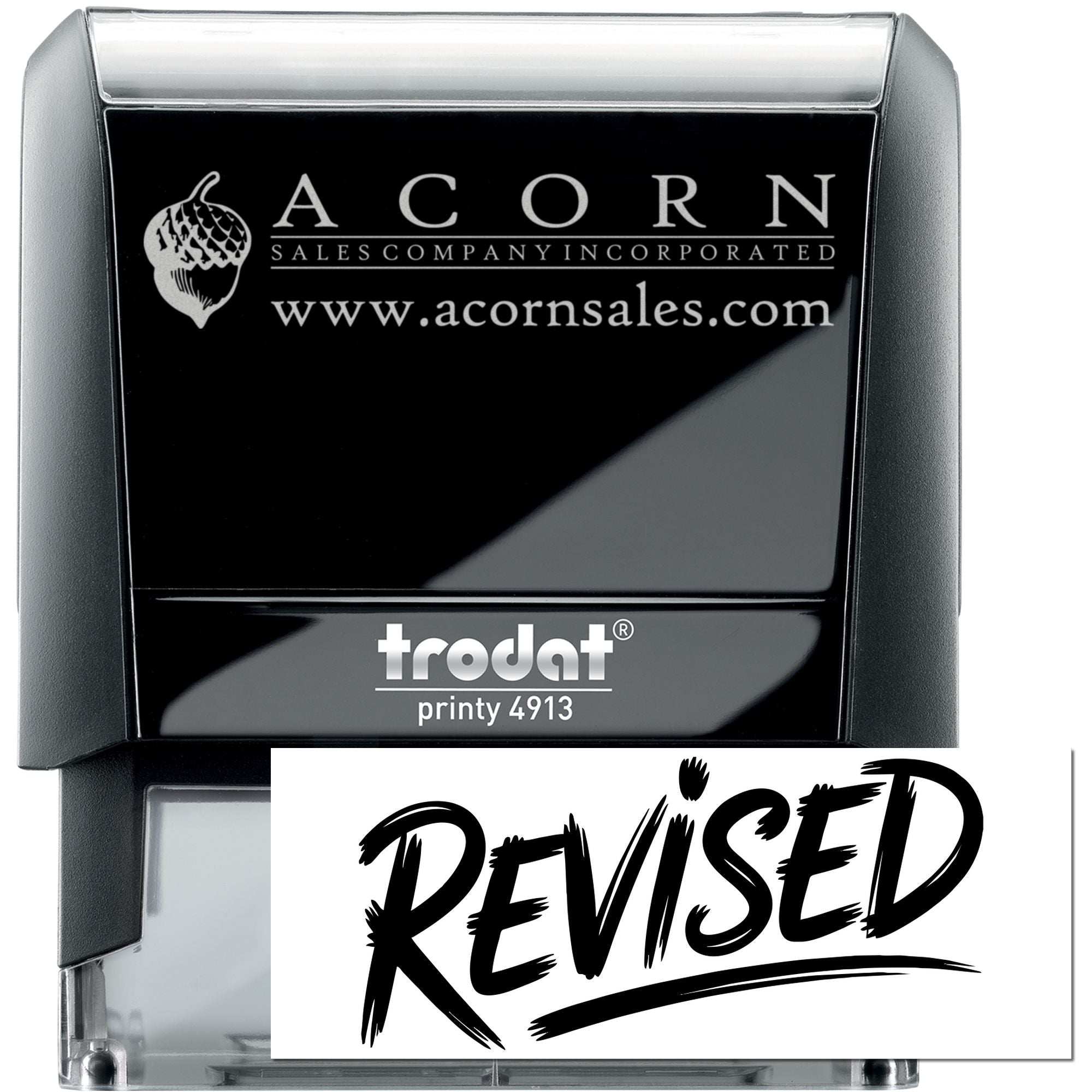 Custom self-inking rubber stamp with Acorn Sales Company logo, Trodat Printy 4913, revised design.
