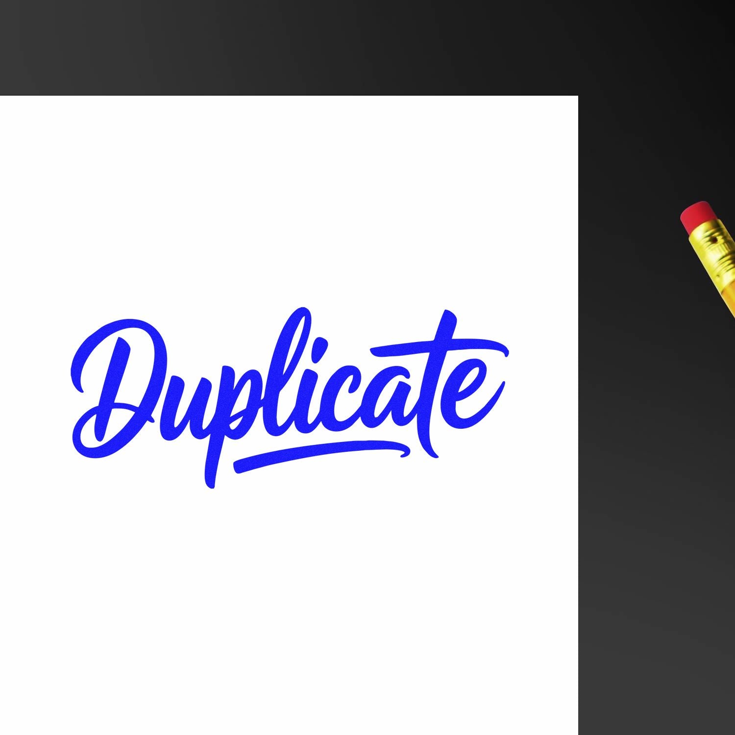 Blue Duplicate rubber stamp imprint on white paper, used to mark duplicate documents and office records.