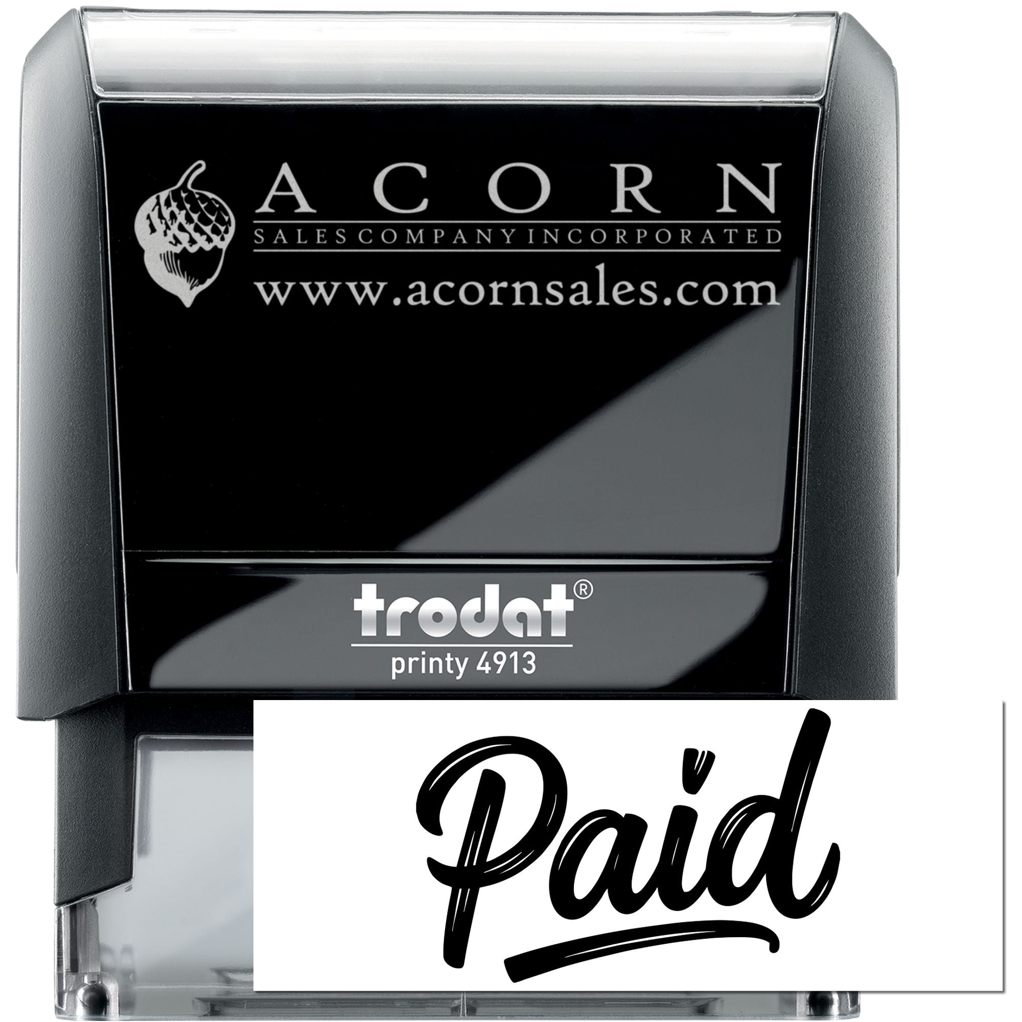 Custom self-inking rubber stamp Trodat Printy 4913 with Acorn Sales logo and Paid imprint for business use.