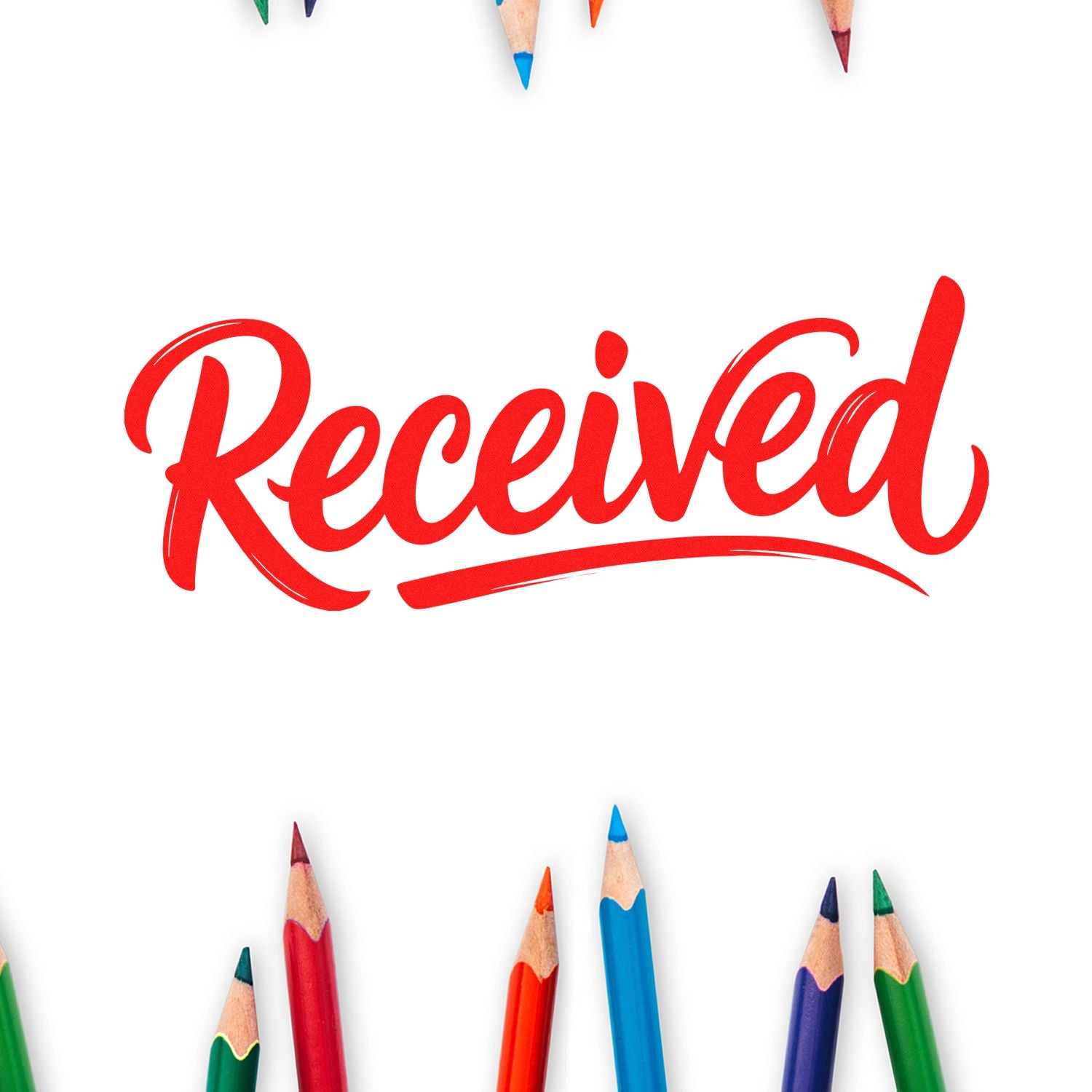Red Received rubber stamp graphic with colorful pencil border, ideal for office paperwork and approval marking.