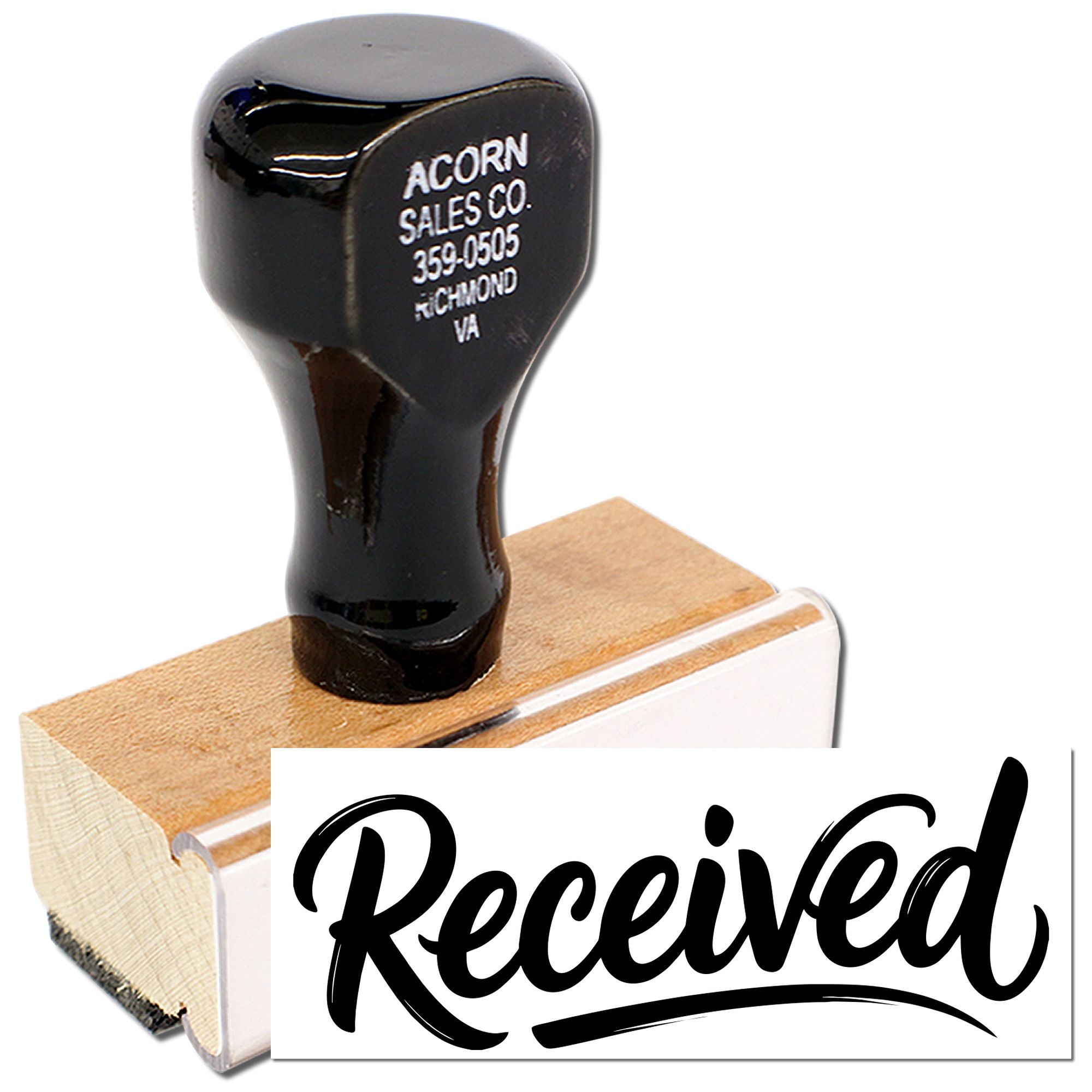 Wooden rubber stamp with Received imprint for office mail, approvals, and document processing.