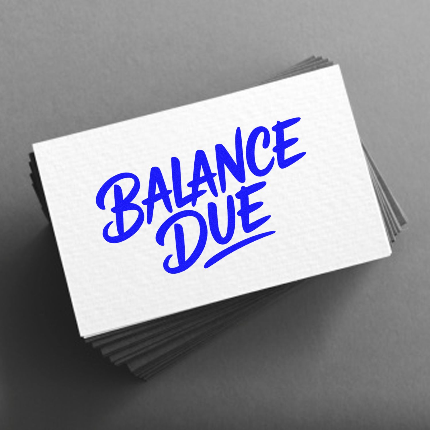 Balance Due rubber stamp design for invoices and bookkeeping, shown in blue on stacked cards.