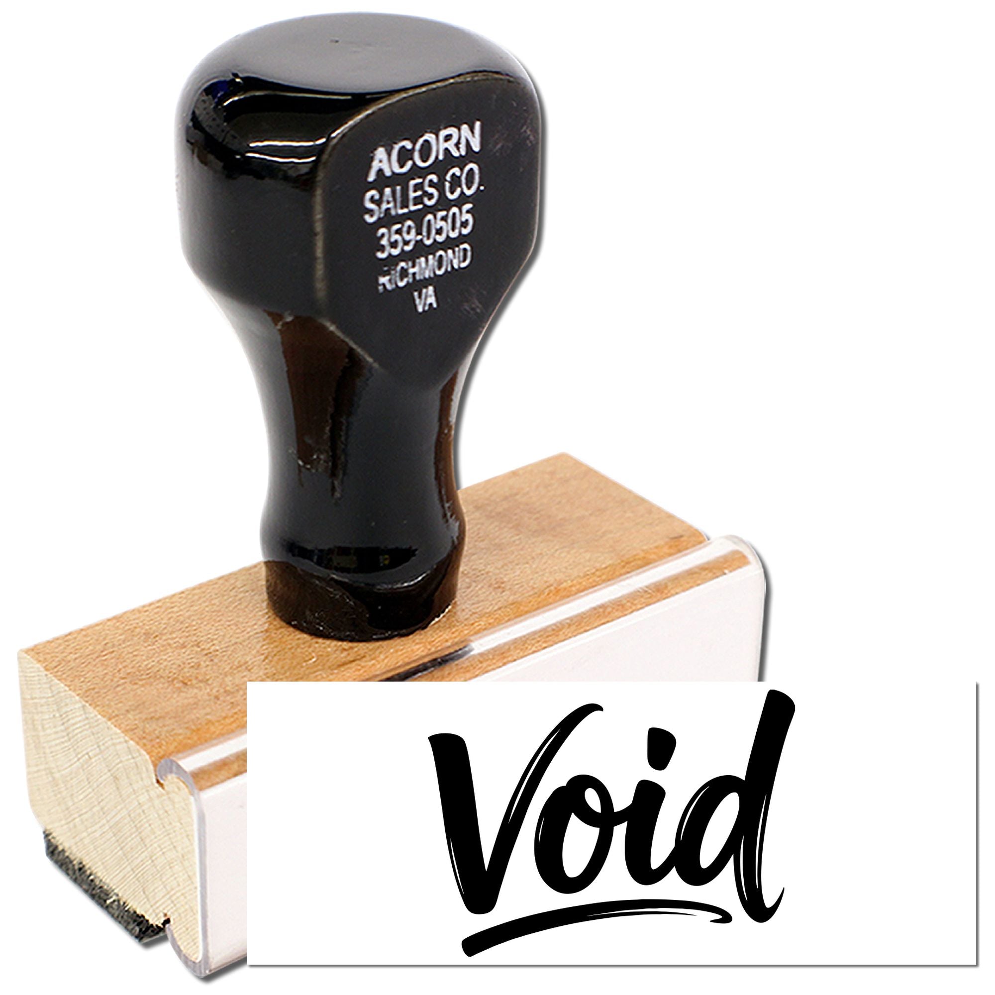 Void rubber stamp for marking documents, receipts, and packaging as invalid or canceled.