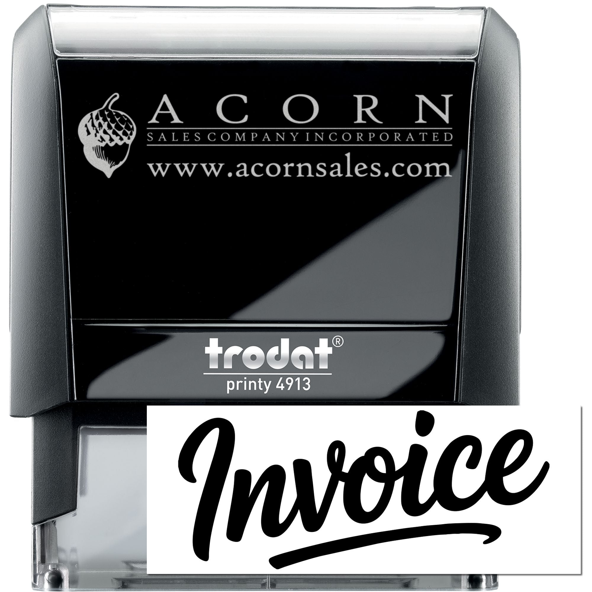 Custom self-inking Trodat Printy 4913 rubber stamp with Acorn Sales Company logo and invoice imprint