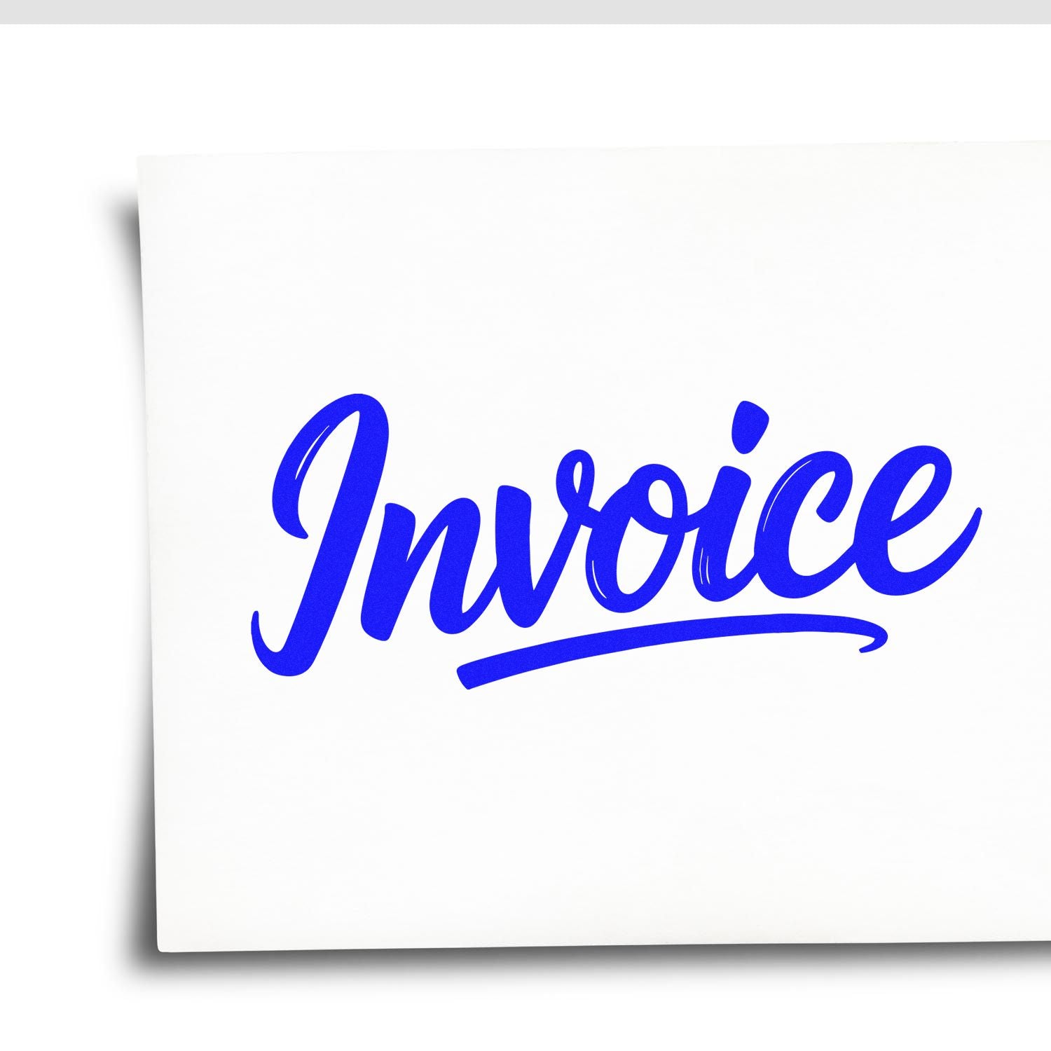 Blue Invoice rubber stamp text on white paper, ideal for business bookkeeping and accounting documents.