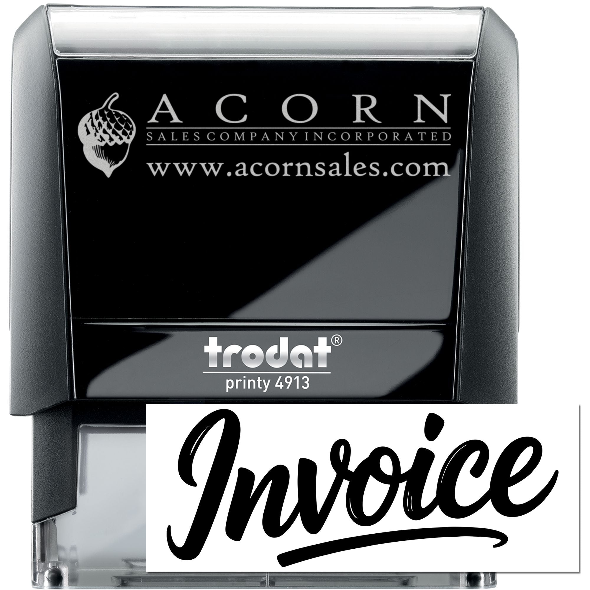 Custom self-inking rubber stamp, Trodat Printy 4913, with Acorn Sales logo and Invoice imprint for business paperwork.