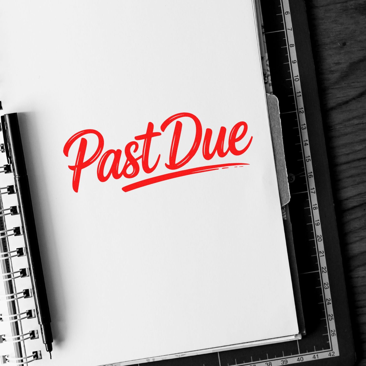 Red Past Due rubber stamp on a planner page for overdue invoices and payment reminders.
