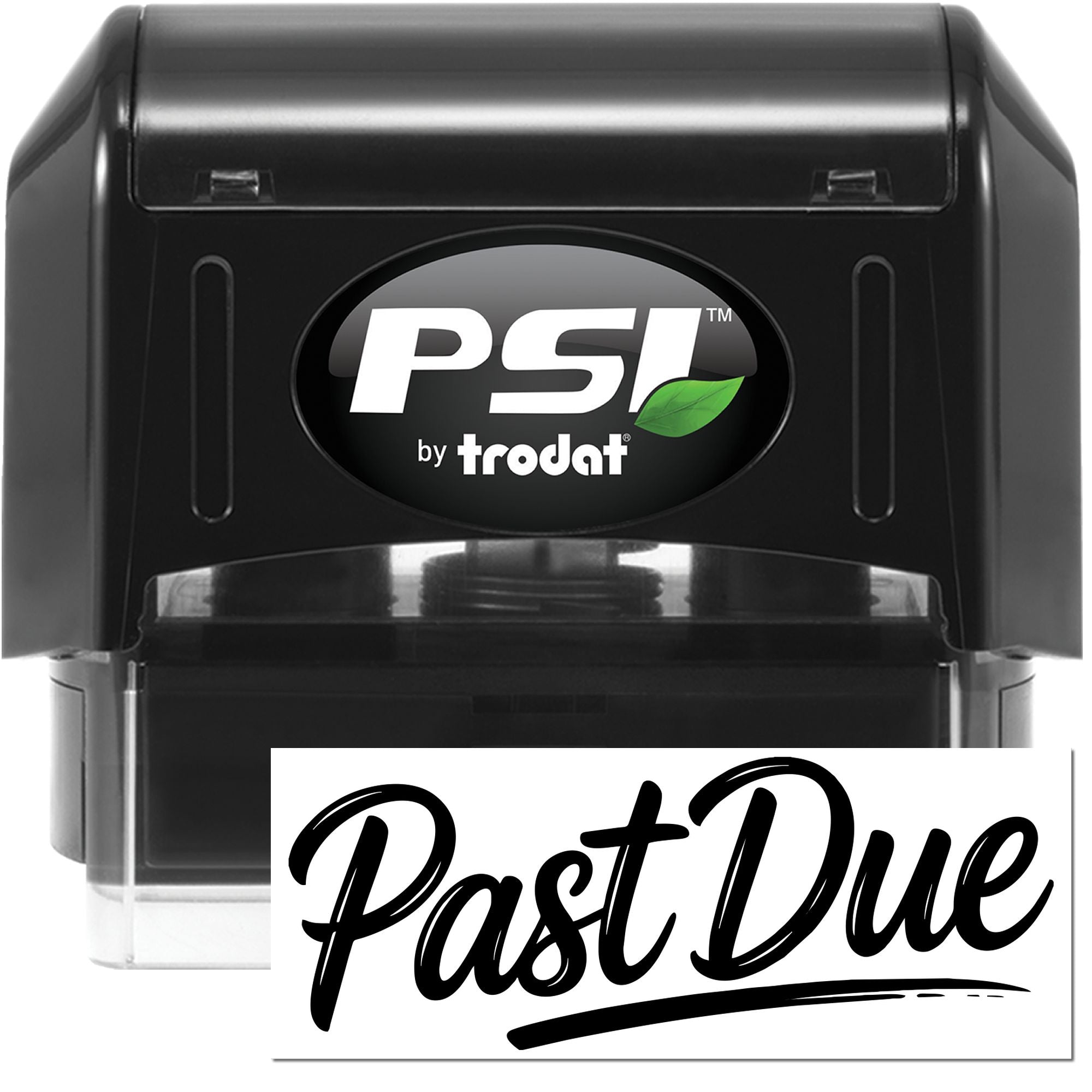 PSI by Trodat self-inking rubber stamp with Past Due imprint for marking overdue invoices and documents.