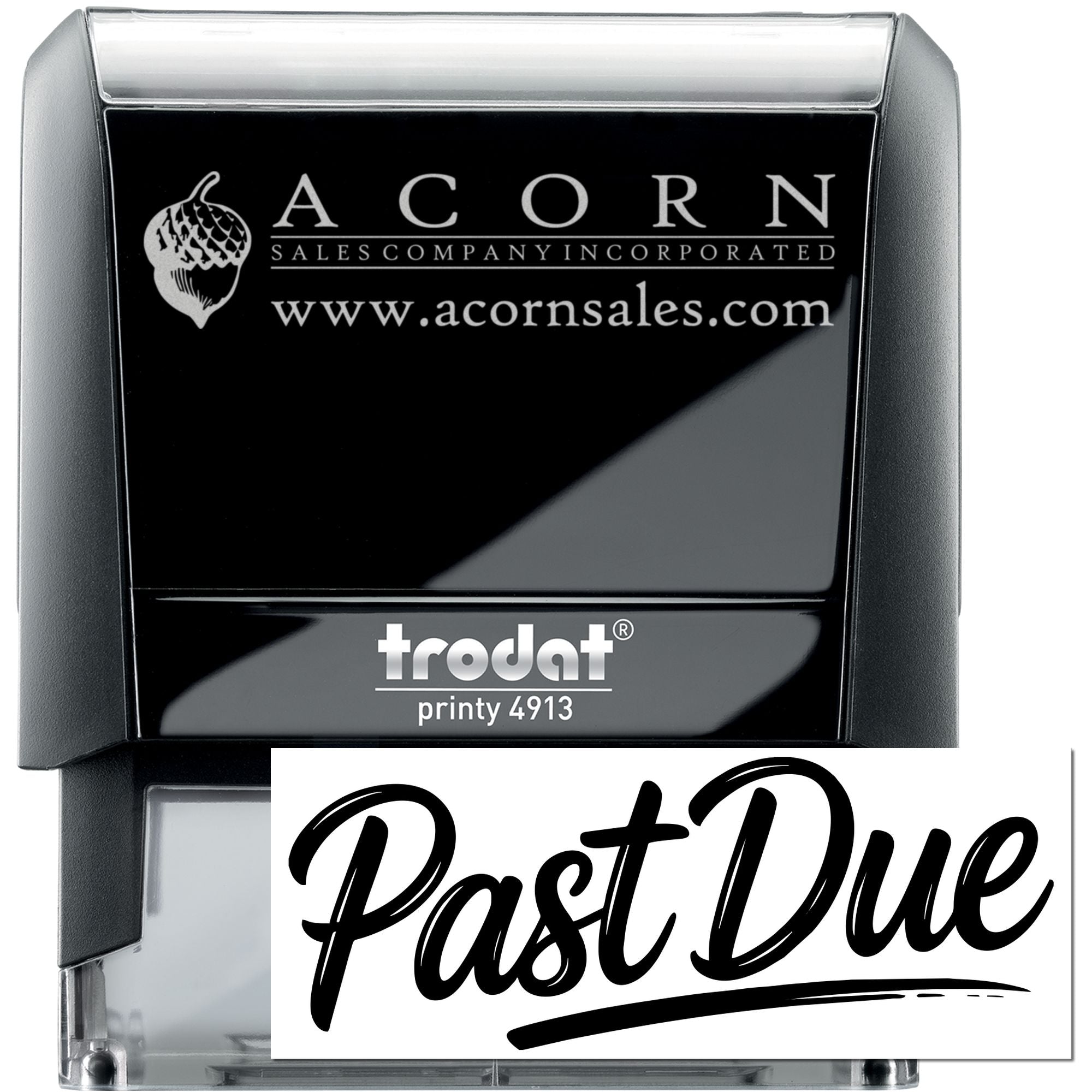 Custom self-inking rubber stamp with ACORN Sales Company logo and Past Due imprint for invoices and business mail.