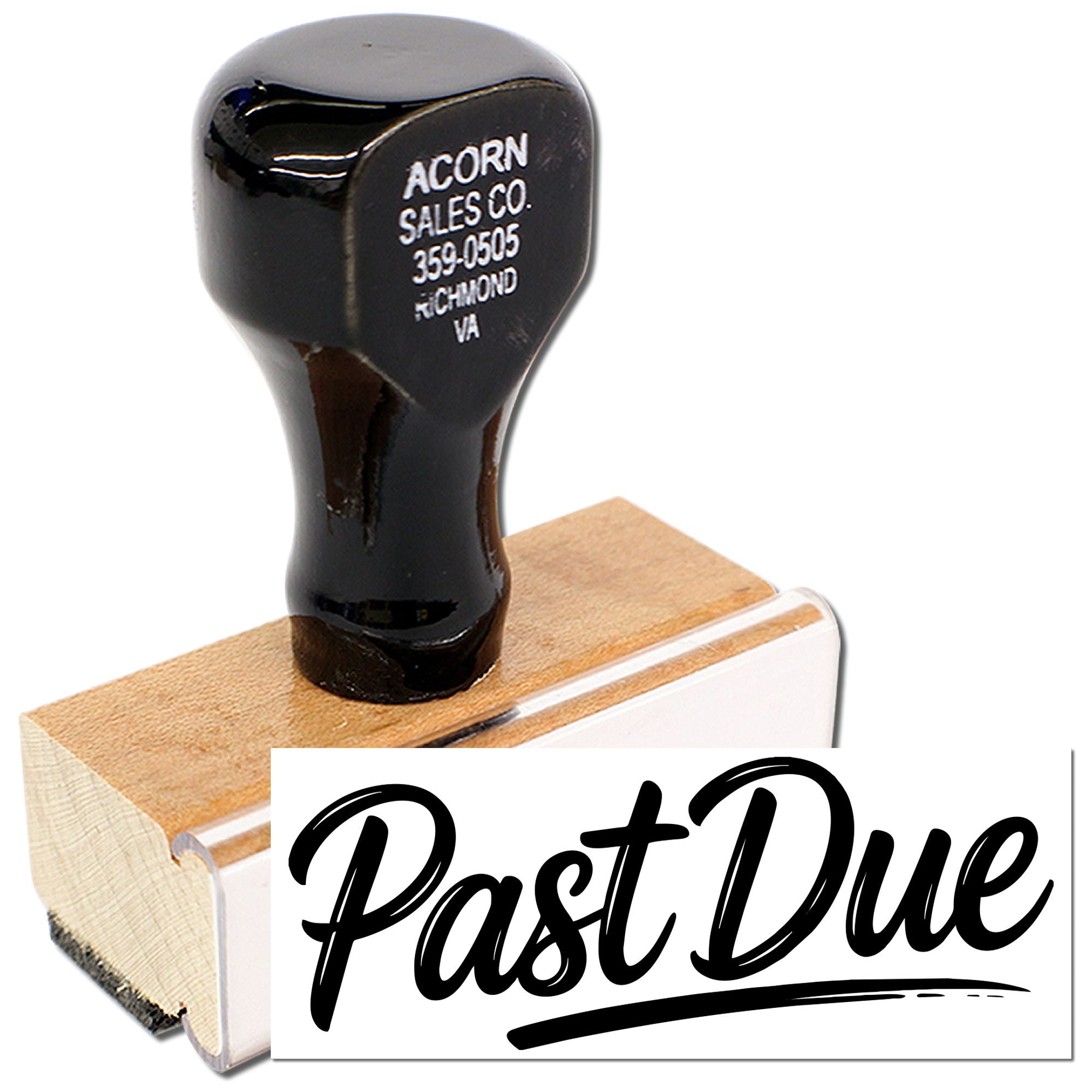 Past Due rubber stamp with wooden handle for marking overdue invoices, bills, and late payments.
