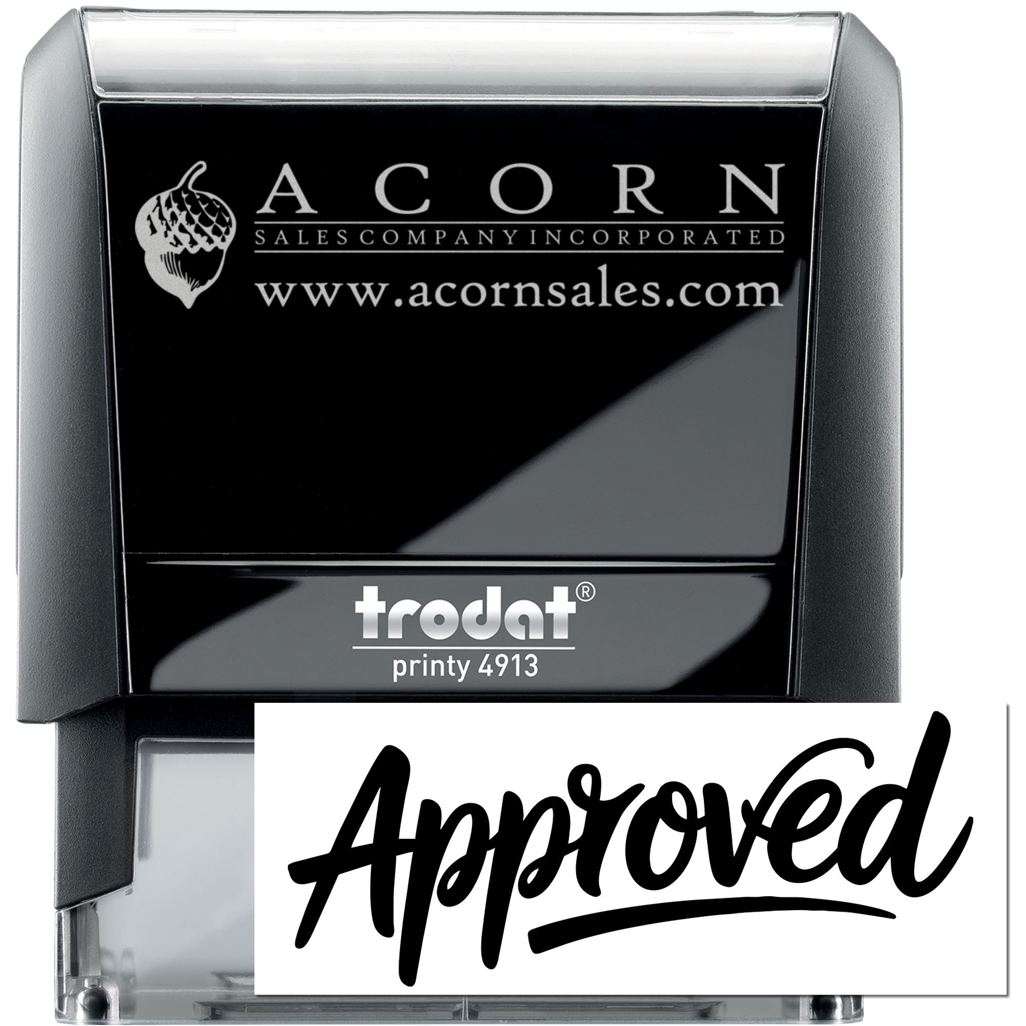 Trodat Printy 4913 self-inking custom rubber stamp with Acorn Sales Company logo and Approved imprint for office use